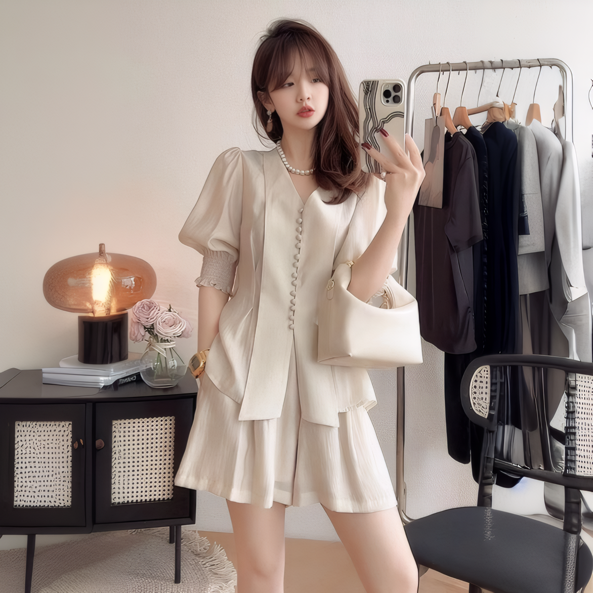 French Style Summer Wide-Leg Two-Piece Set with Shirt and Shorts - Image 2