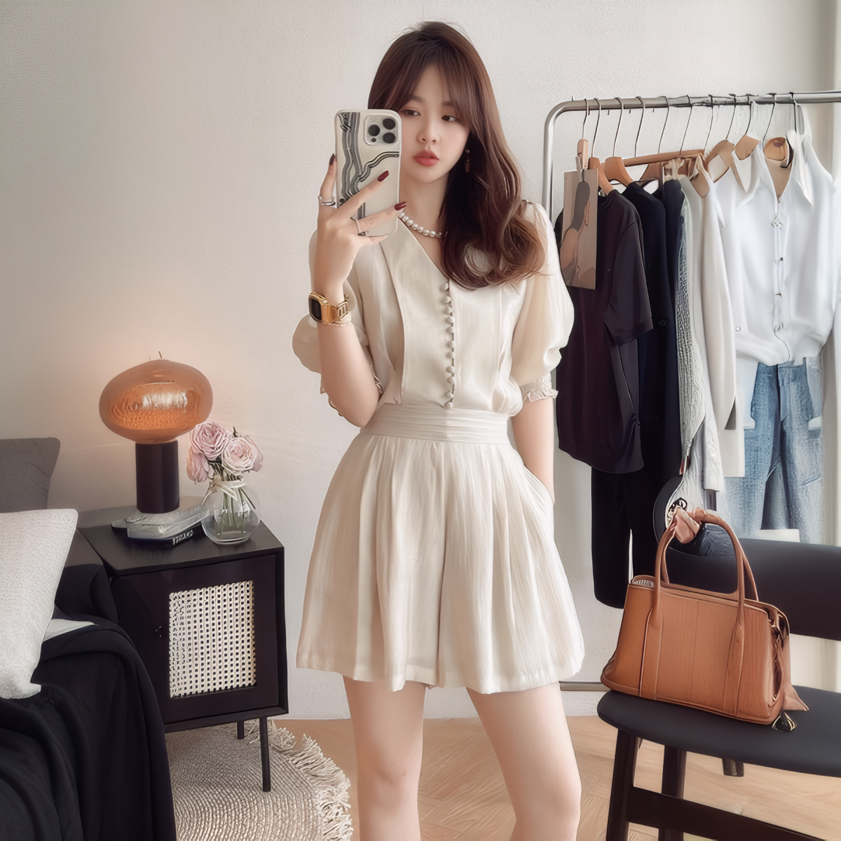 French Style Summer Wide-Leg Two-Piece Set with Shirt and Shorts - Image 3