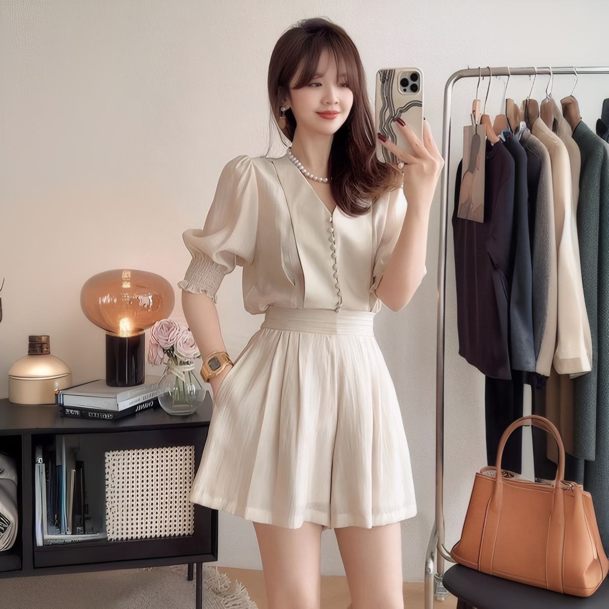 French Style Summer Wide-Leg Two-Piece Set with Shirt and Shorts - Image 5