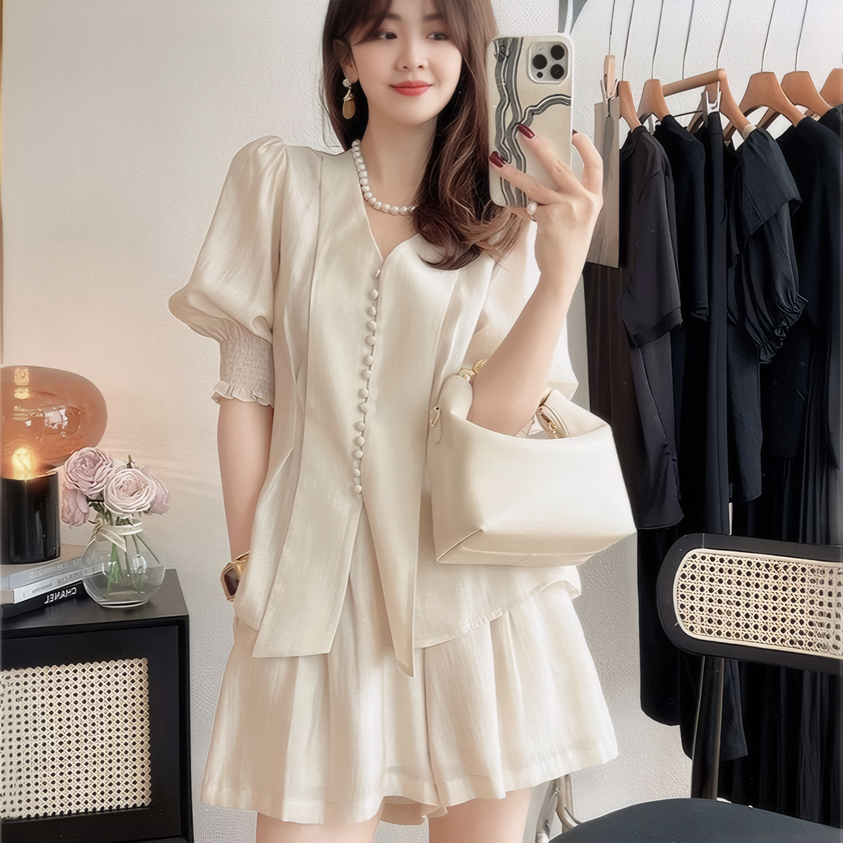 French Style Summer Wide-Leg Two-Piece Set with Shirt and Shorts