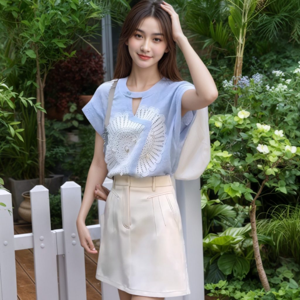 2025 Summer New Two-Piece Set Women's Fresh Blue Cutout Anti-Exposure Shoulder-Sleeve Top Simple Skirt