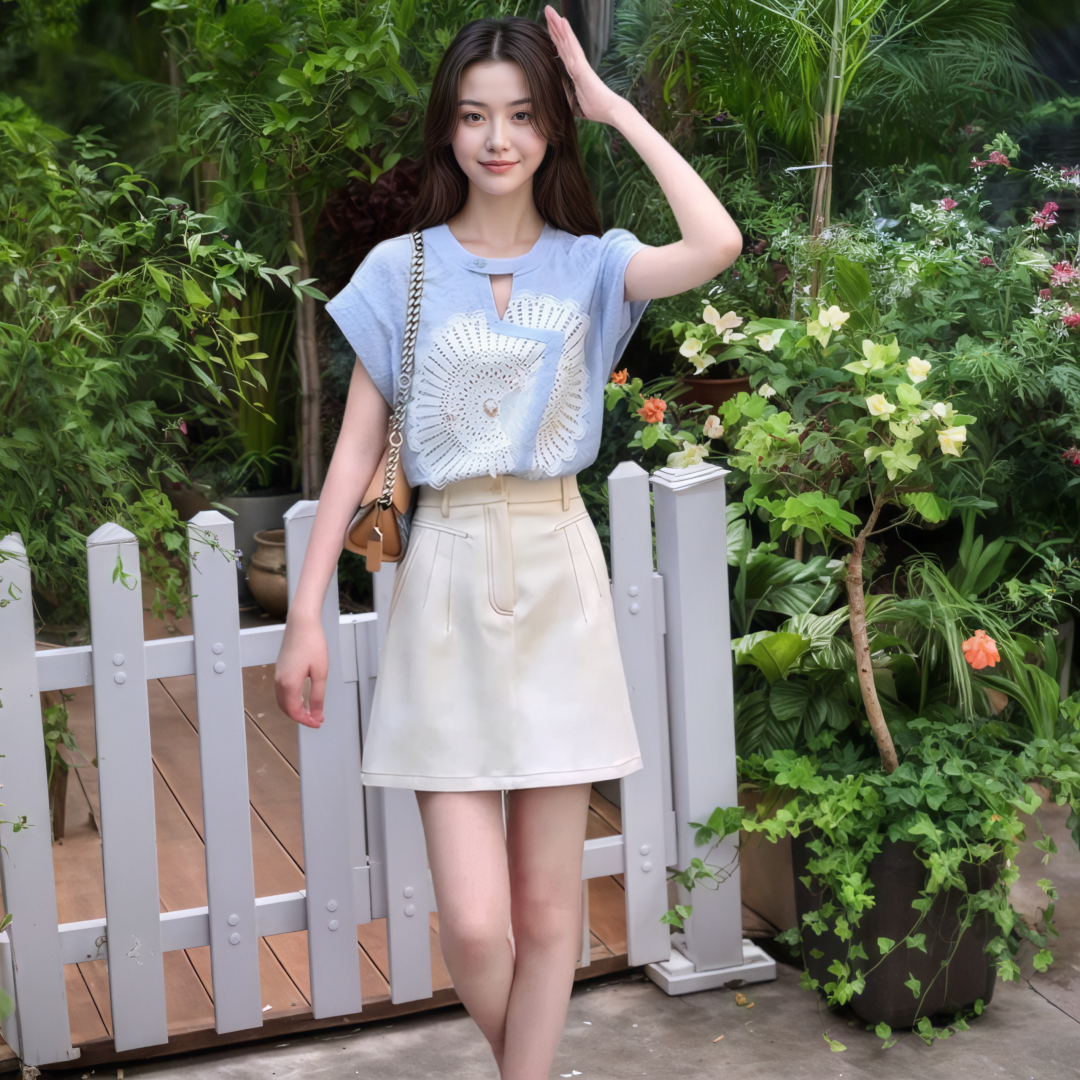 2025 Summer New Two-Piece Set Women Fresh Blue Cutout Anti-Exposure Shoulder-Sleeve Top Denim Skirt - Image 5