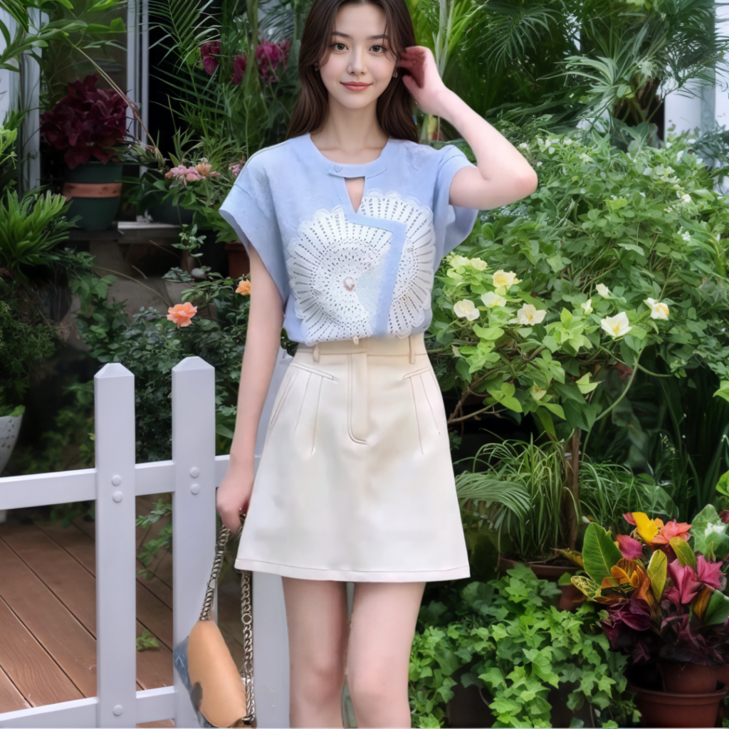 2025 Summer New Two-Piece Set Women Fresh Blue Cutout Anti-Exposure Shoulder-Sleeve Top Denim Skirt