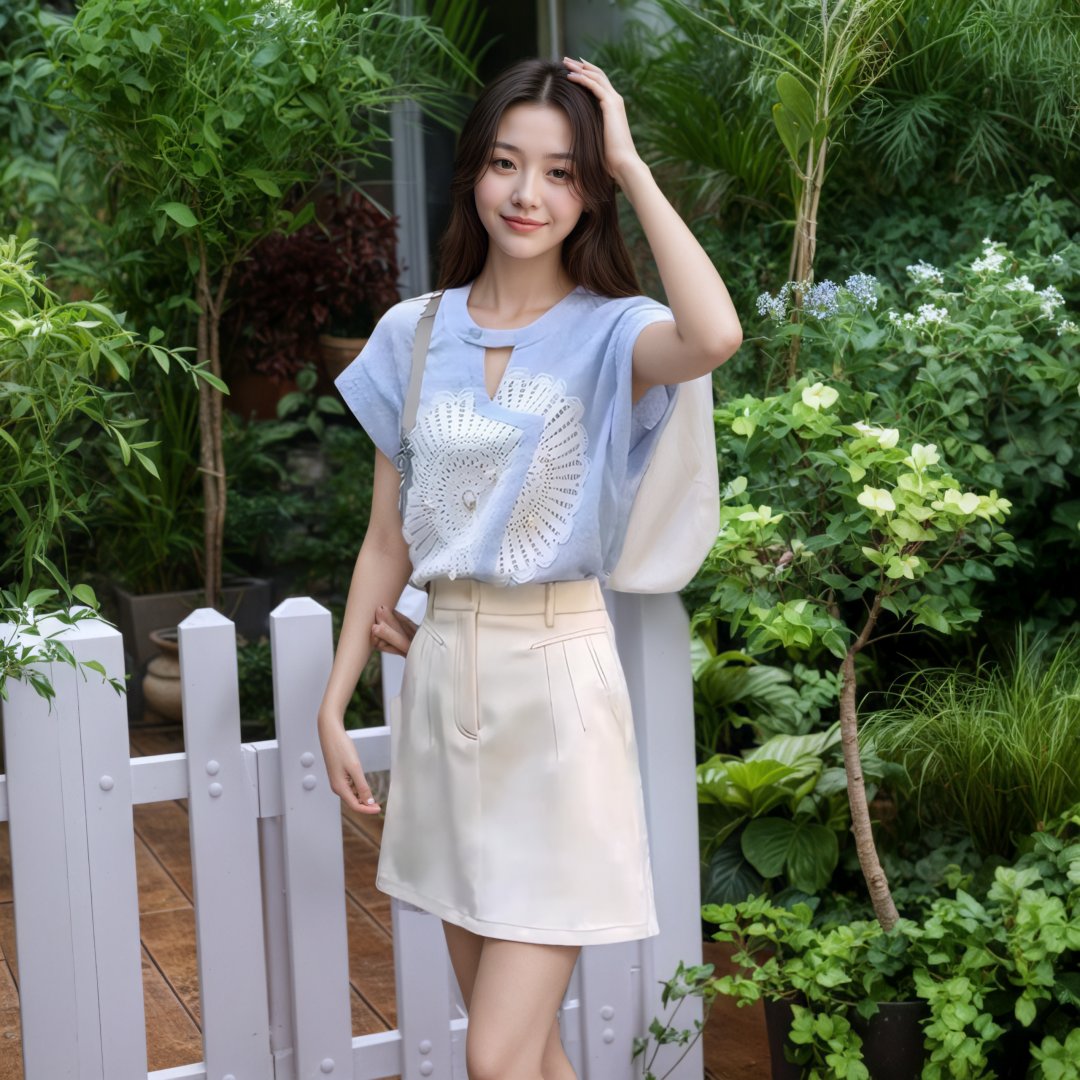 2025 Summer New Two-Piece Set Women Fresh Blue Cutout Anti-Exposure Shoulder-Sleeve Top Denim Skirt - Image 3