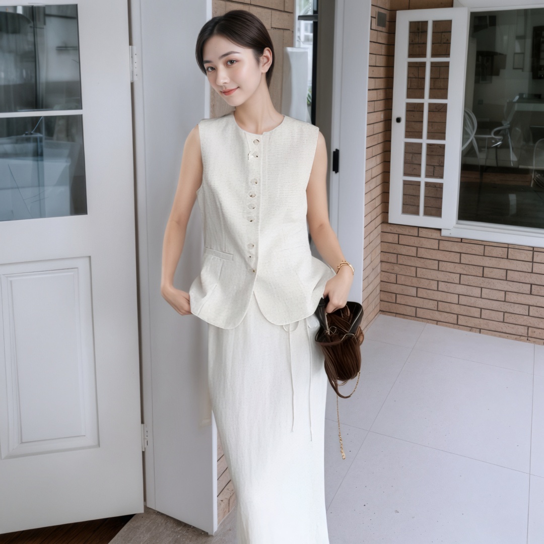 Off-White Elegant Two-Piece Set for Women 2025 Summer Sleeveless Vest and Skirt - Image 3