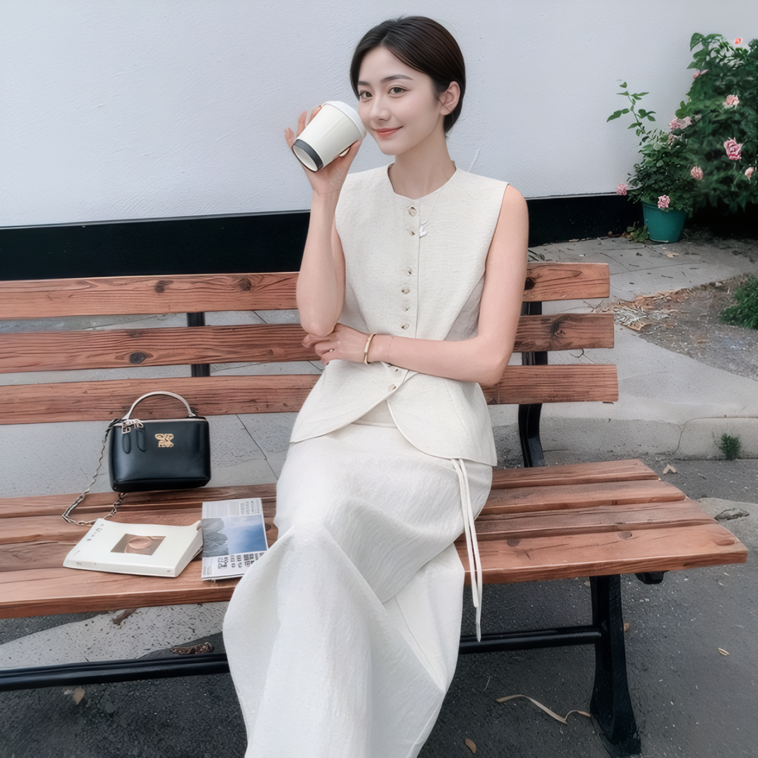 Off-White Elegant Two-Piece Set for Women 2025 Summer Sleeveless Vest and Skirt