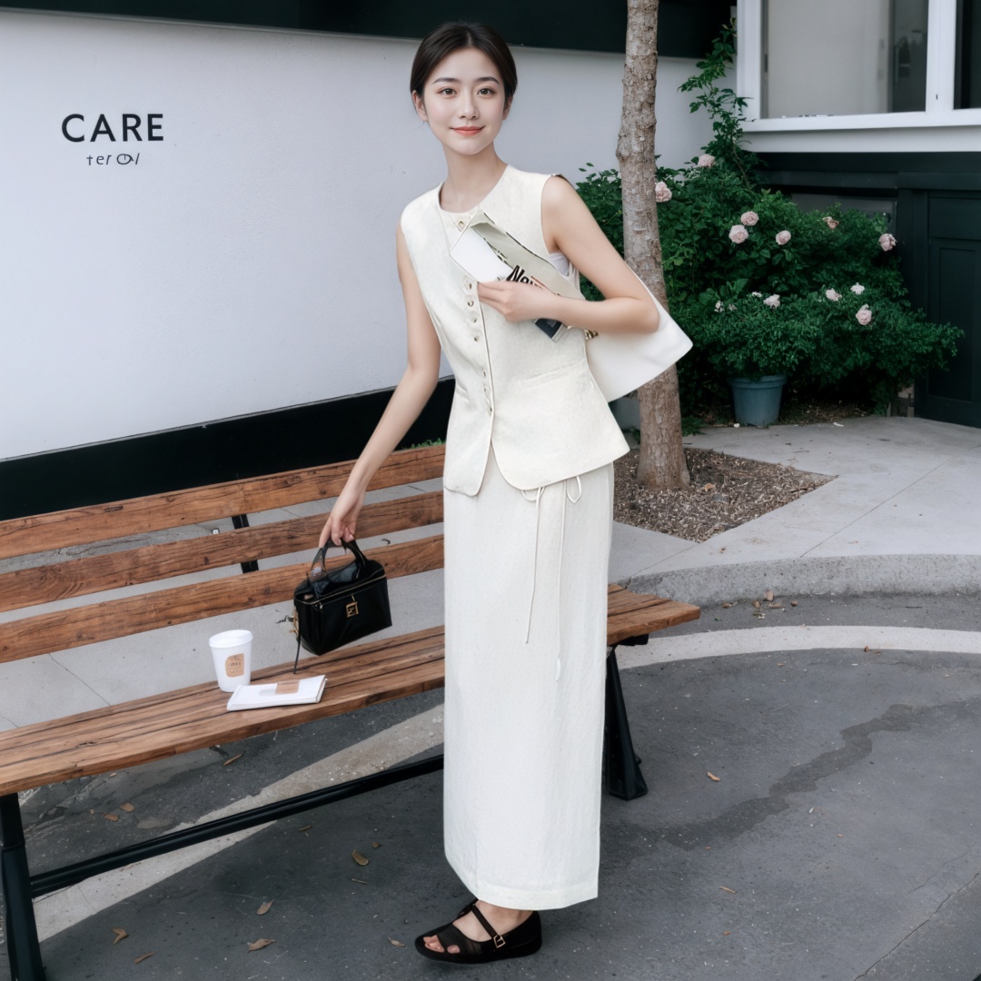 Off-White Elegant Two-Piece Set for Women 2025 Summer Sleeveless Vest and Skirt - Image 4