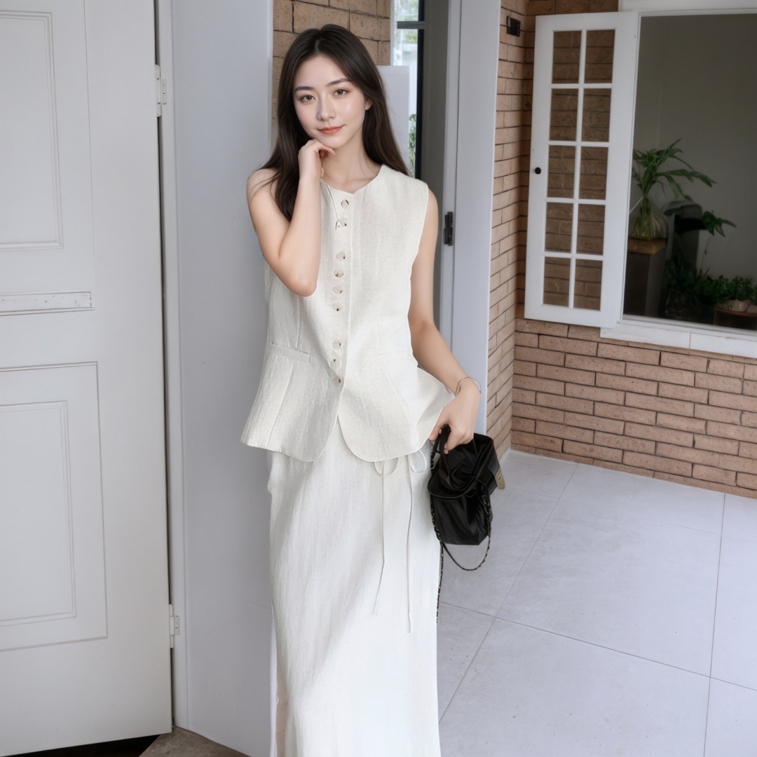 Off-White Elegant Two-Piece Set for Women 2025 Summer Sleeveless Vest and Skirt - Image 5