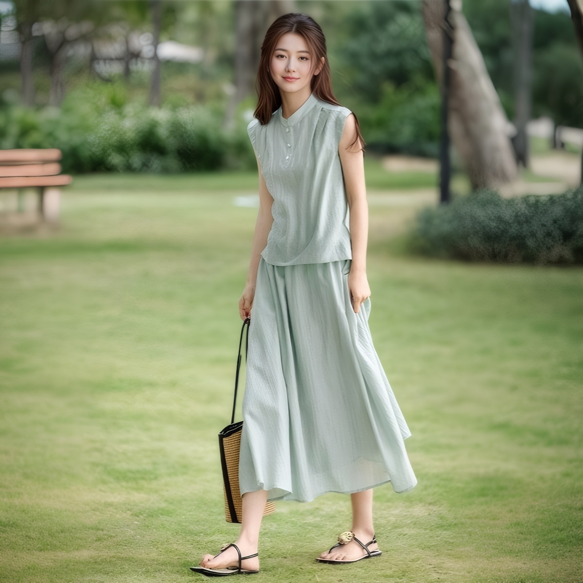 Minimalist Stand Collar Sleeveless Shirt and Skirt Two-Piece Set for Women 2025 Summer