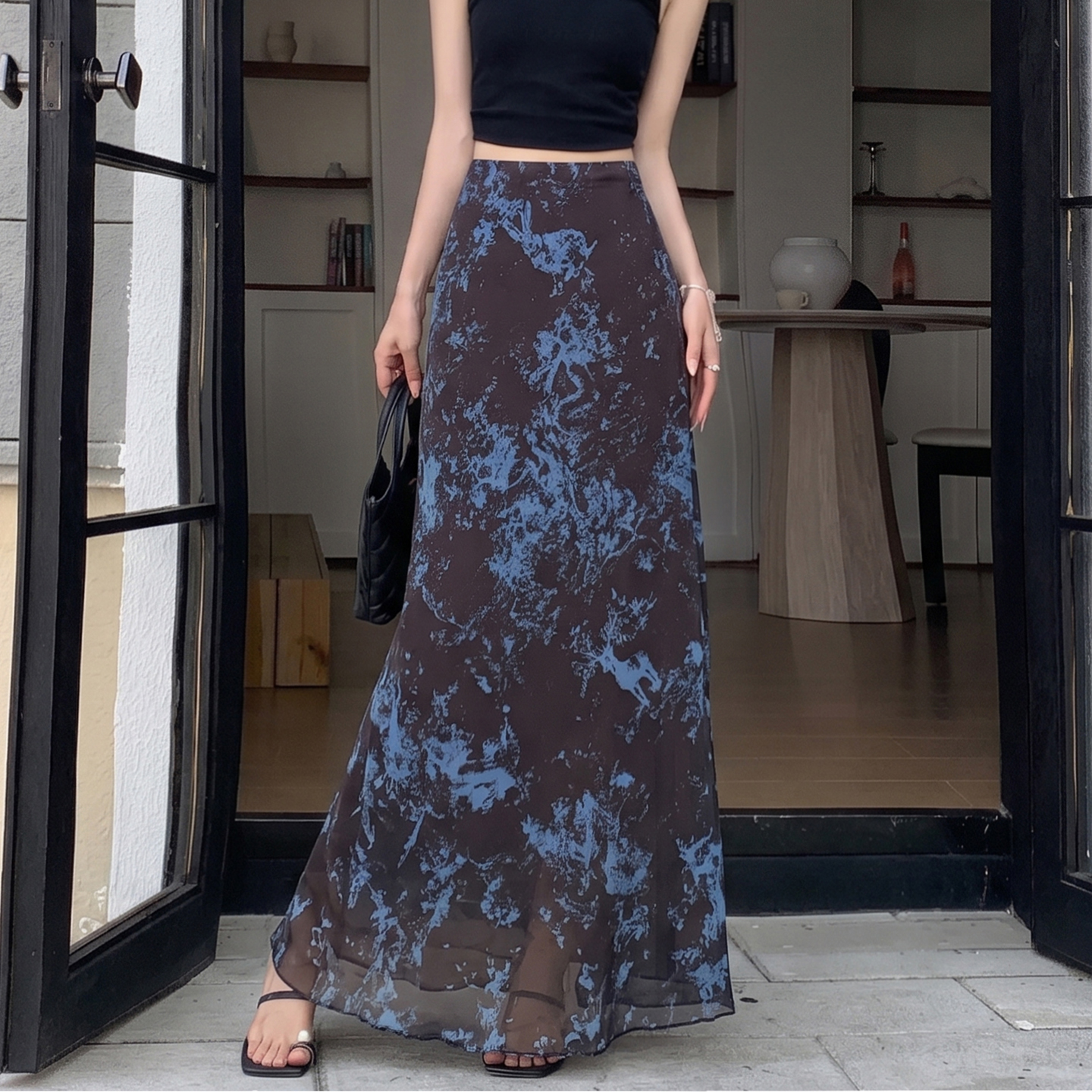 Tie-Dye Print A-Line Midi Skirt for Women 2026 Summer High Waist Slim Fit