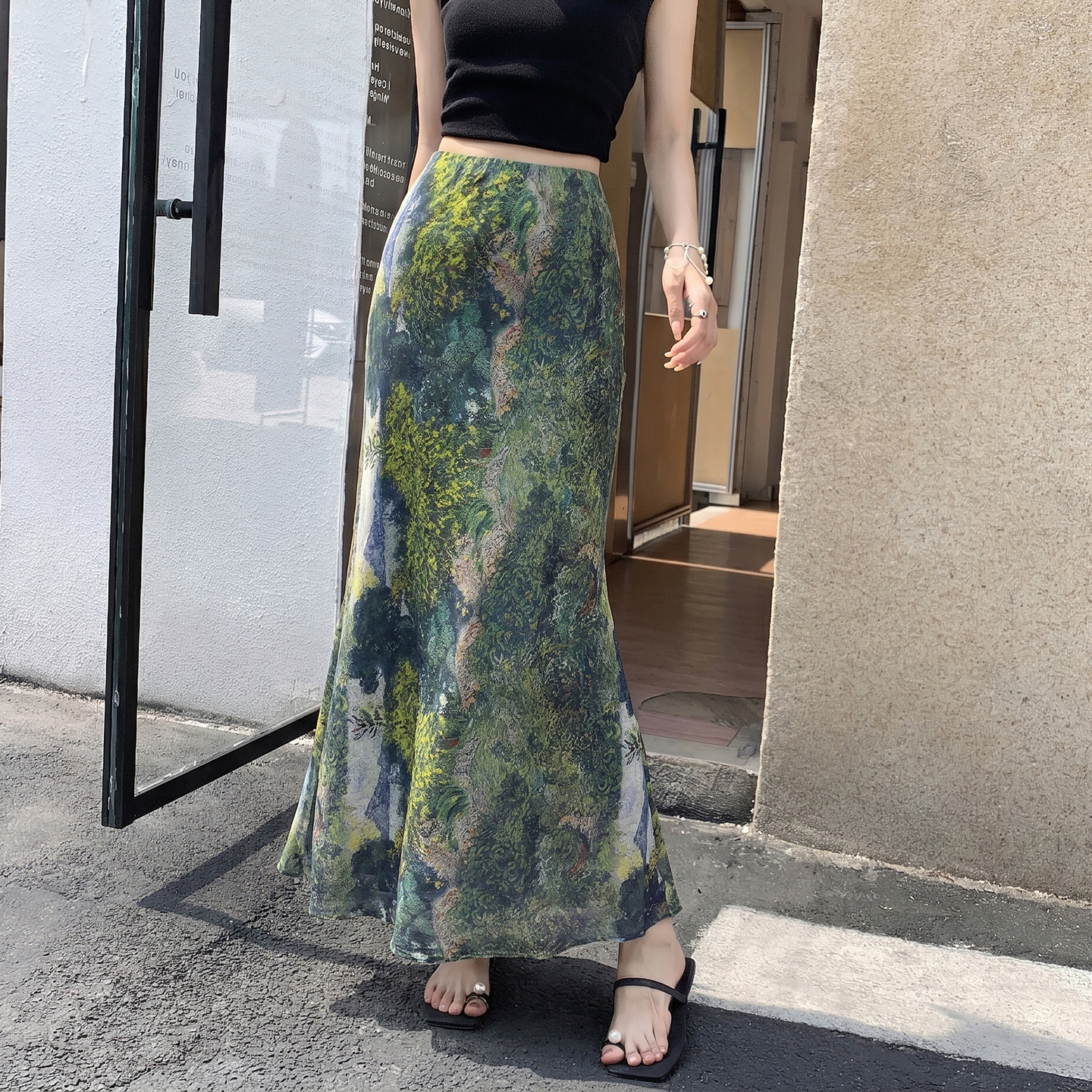 Tie-Dye Print A-Line Midi Skirt for Women 2026 Summer High Waist Slim Fit - Image 2