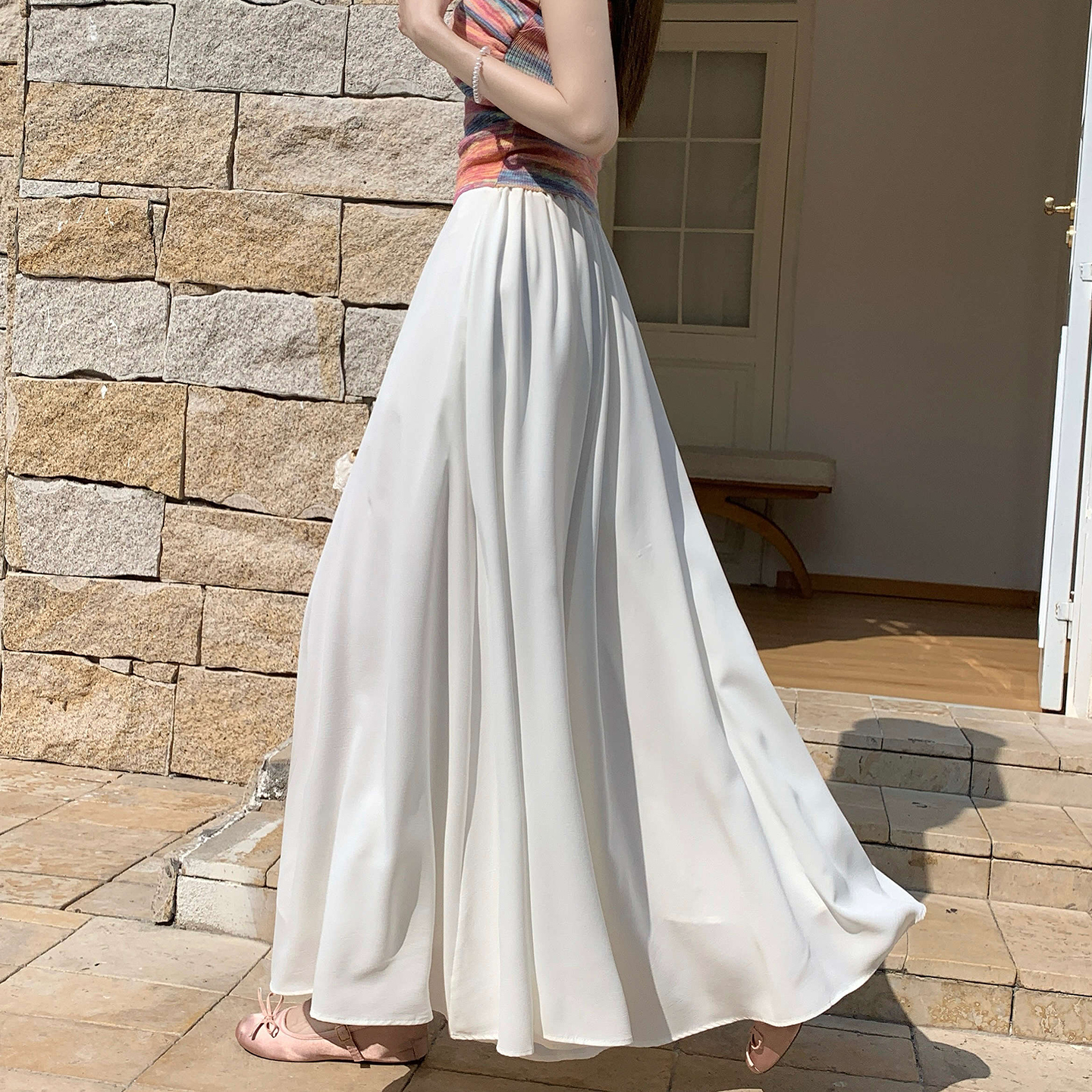 Women's Summer French Ruffle High Waist A-Line Midi Skirt Solid Color - Image 2