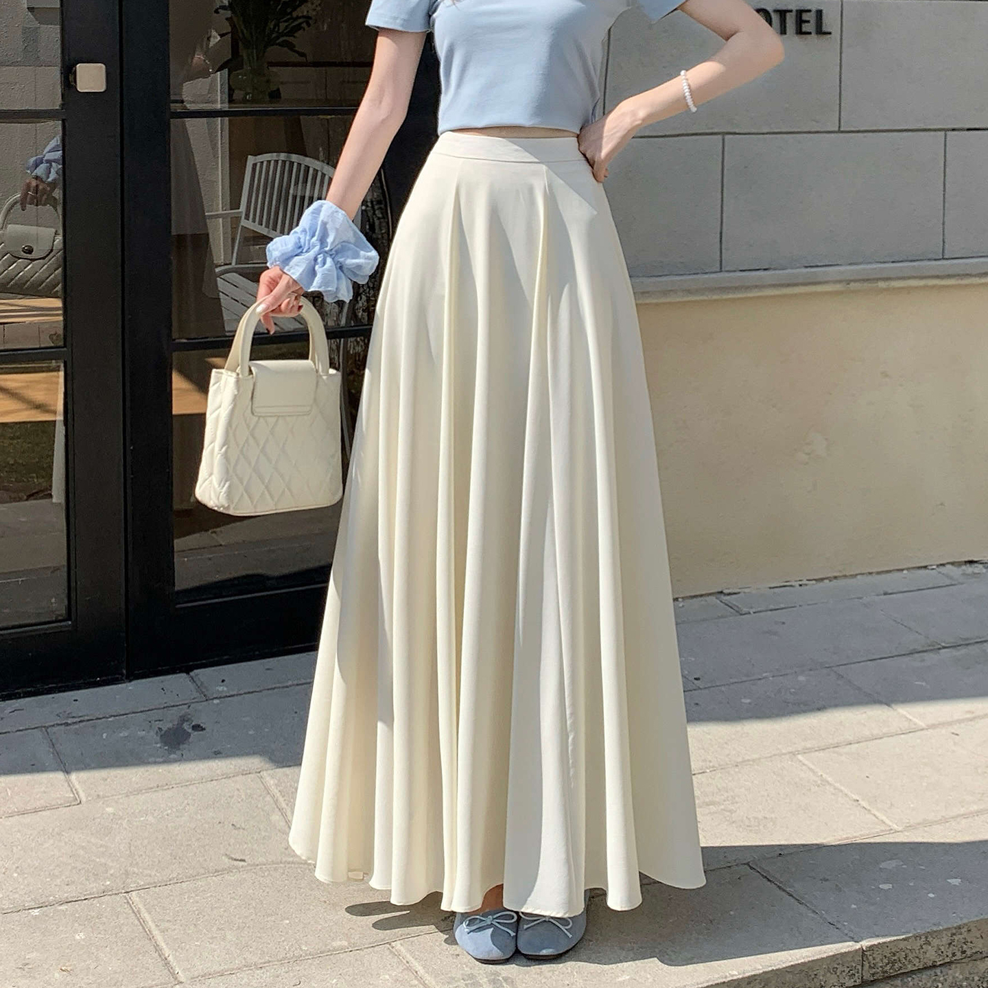 Women's Summer French Ruffle High Waist A-Line Midi Skirt Solid Color