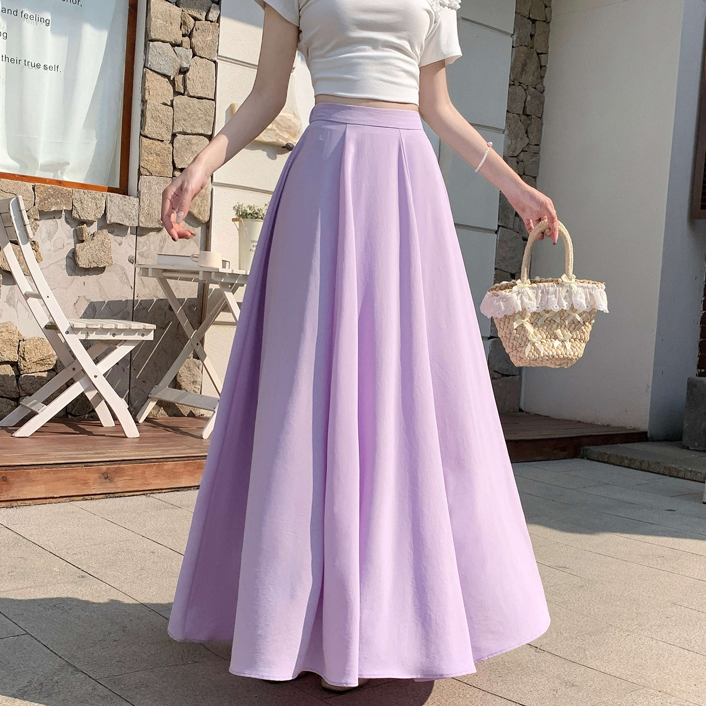 Women's Summer French Ruffle High Waist A-Line Midi Skirt Solid Color - Image 3