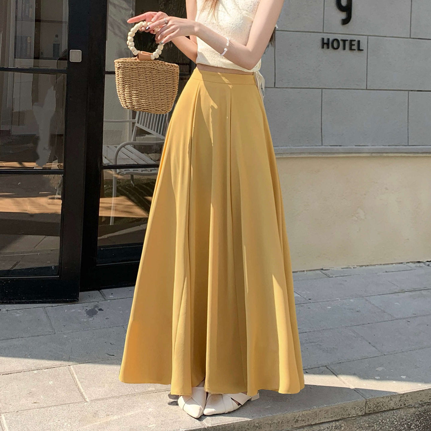 Women's Summer French Ruffle High Waist A-Line Midi Skirt Solid Color - Image 4