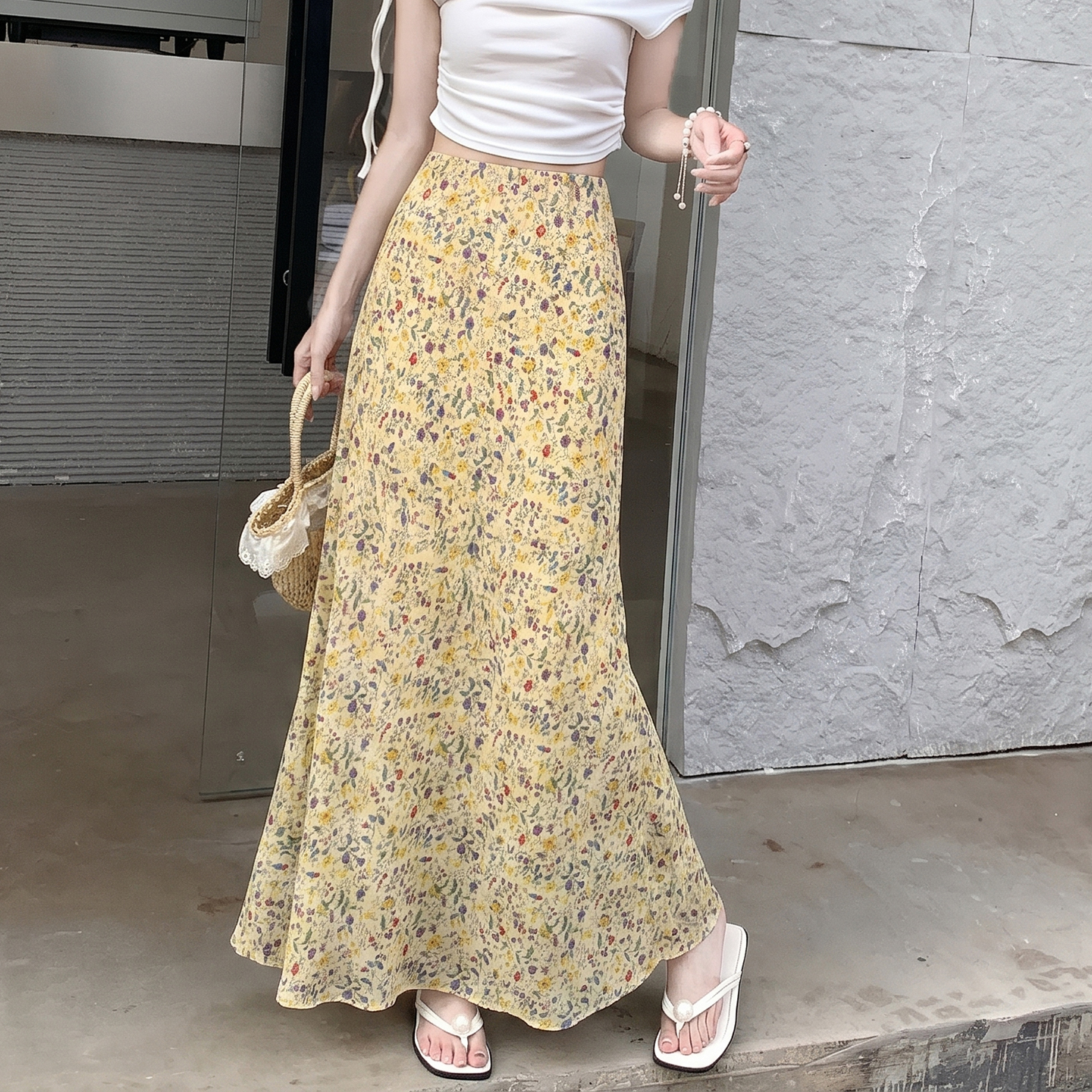 Women Summer Floral Mermaid Skirt High Waist A-Line Long Skirt - Image 3