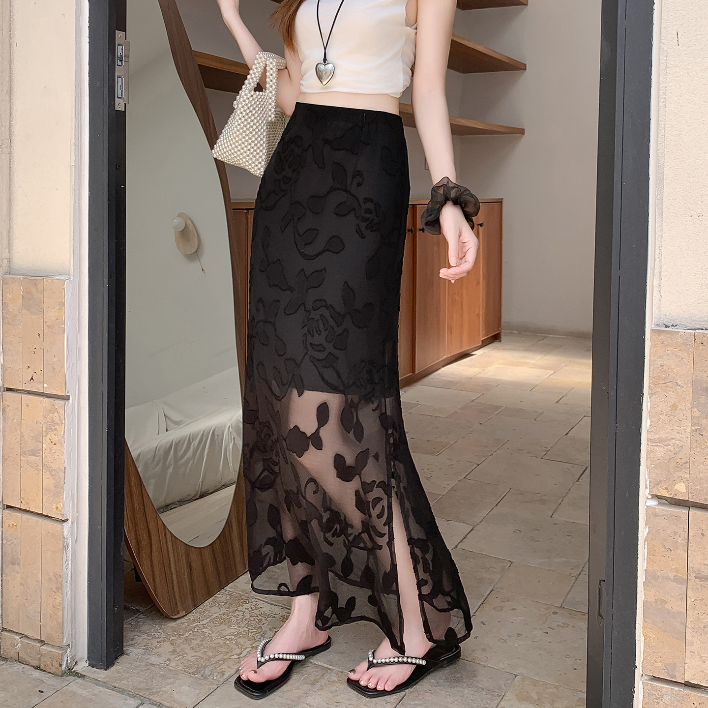 Tie-Dye Mermaid Skirt Women Summer 2026 Thin High-Waist Slit A-Line Bodycon Midi Skirt - Image 2
