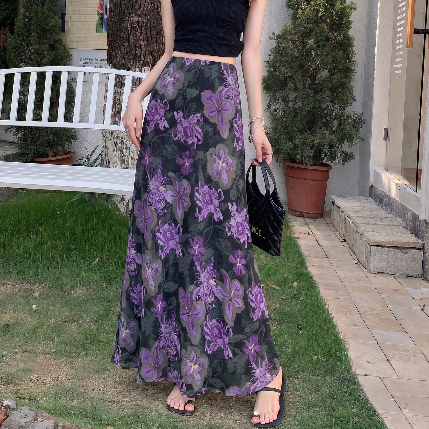 2026 New Korean Style Slimming Long Acetate Floral Print Skirt Women Summer Thin Floral Mermaid Skirt