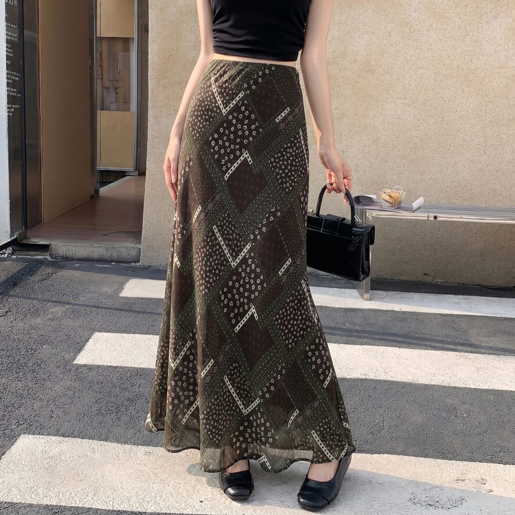 Retro Floral Print Mesh Mermaid Skirt Women Summer Elegant A-Line High Waist Long Skirt