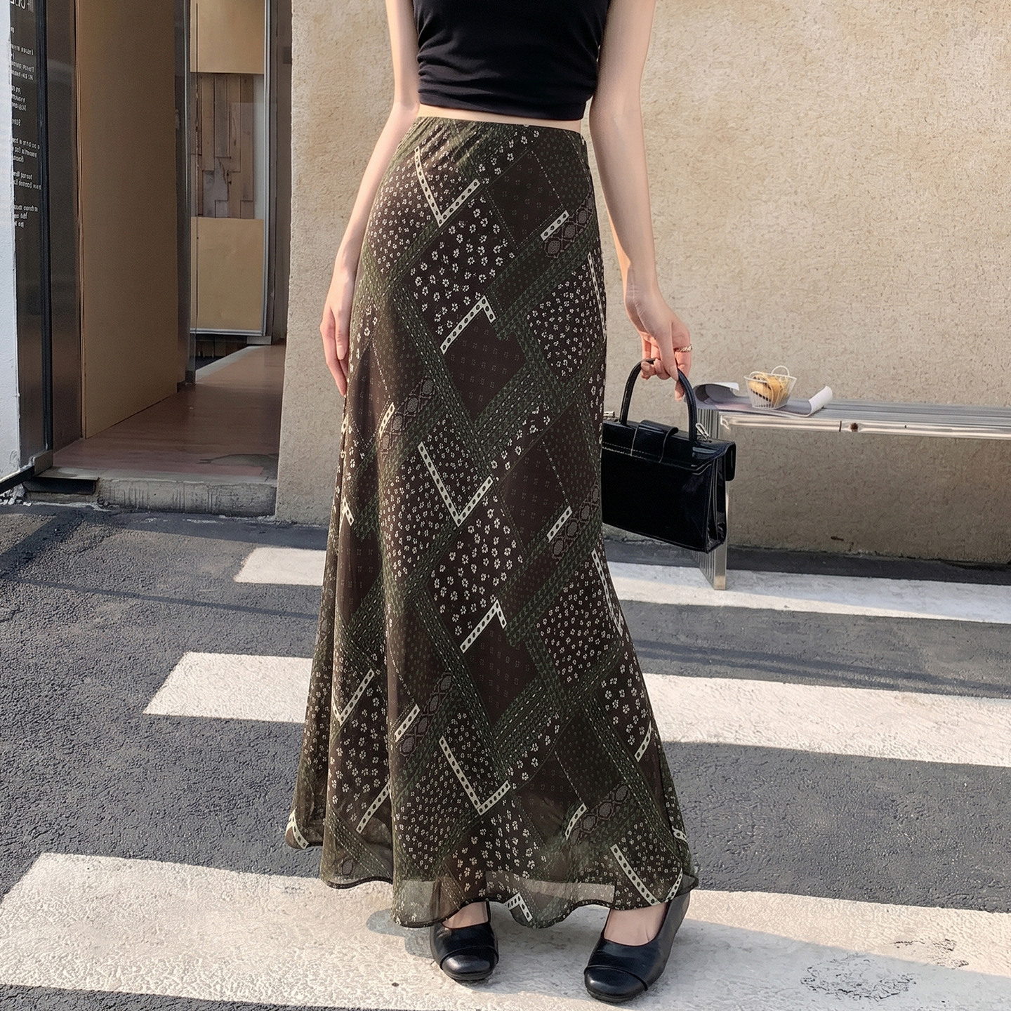 Retro Floral Print Mesh Mermaid Skirt Women Summer Elegant A-Line High Waist Long Skirt