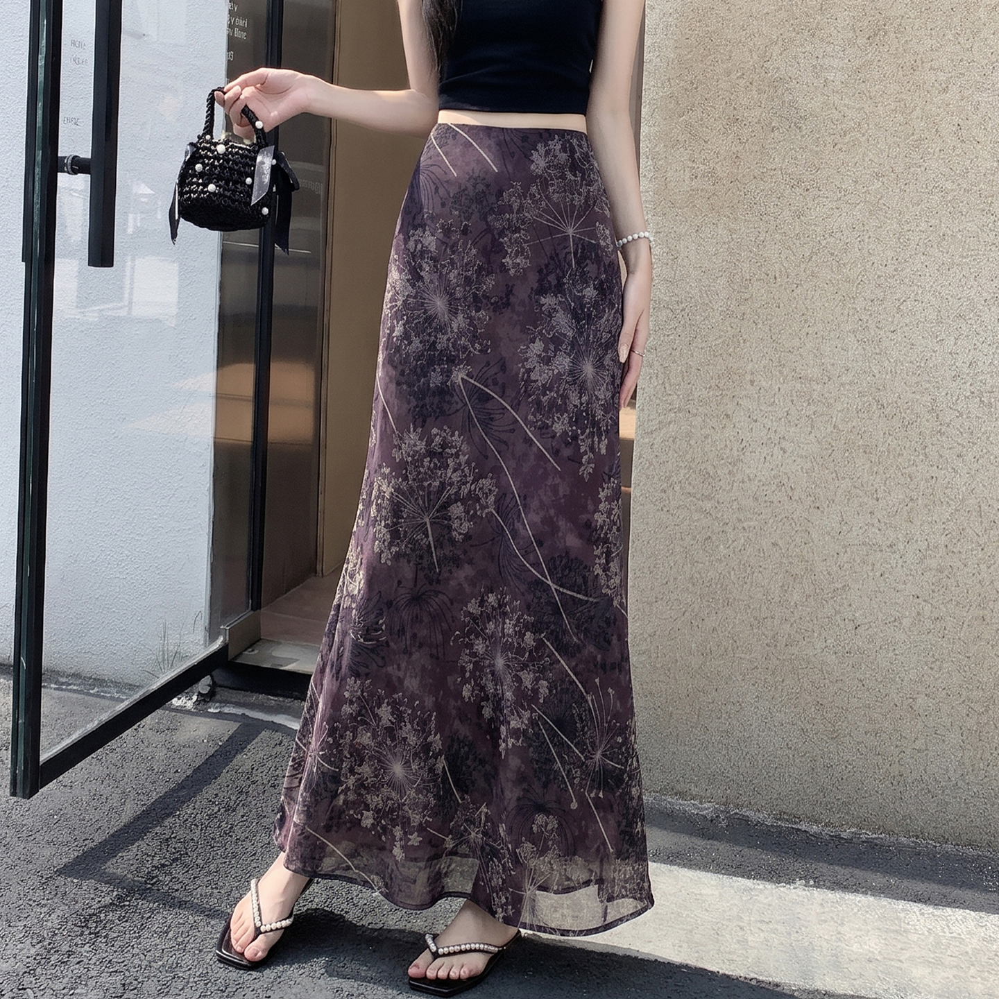 Retro Floral Print Mesh Mermaid Skirt Women Summer Elegant A-Line High Waist Long Skirt - Image 2