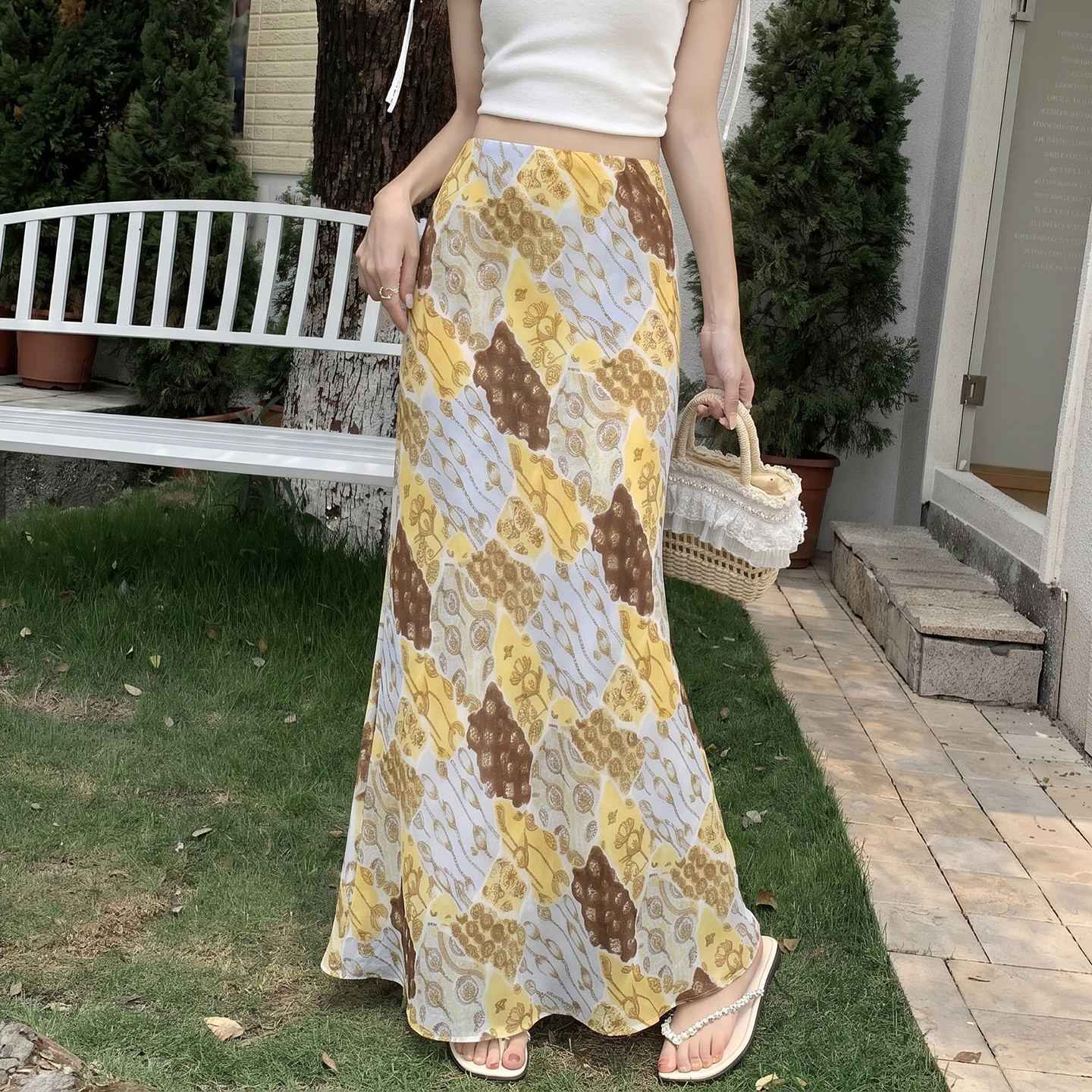 Retro Floral Print Mesh Mermaid Skirt Women Summer Elegant A-Line High Waist Long Skirt - Image 3
