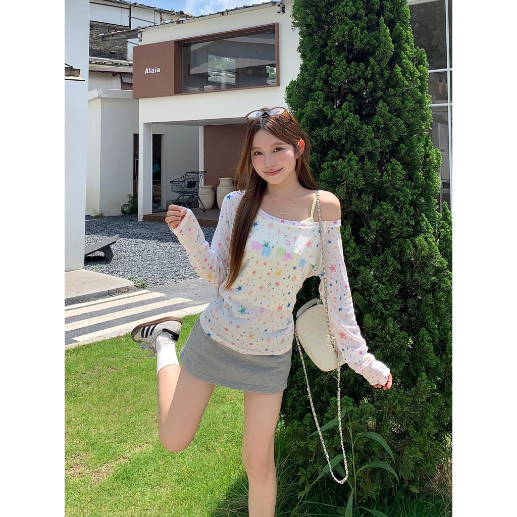 Women's Star Print Cold Shoulder Sun Protection Top Summer Two-Piece Set