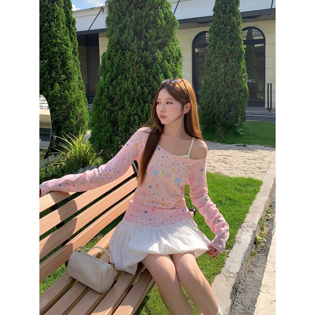 Women's Summer Two-Piece Long Sleeve Sun Protection Top with Star Print