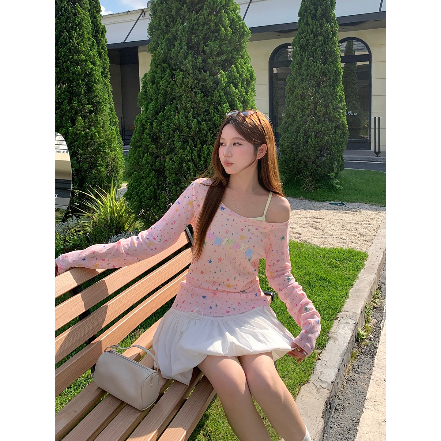 Women's Summer Two-Piece Long Sleeve Sun Protection Top with Star Print