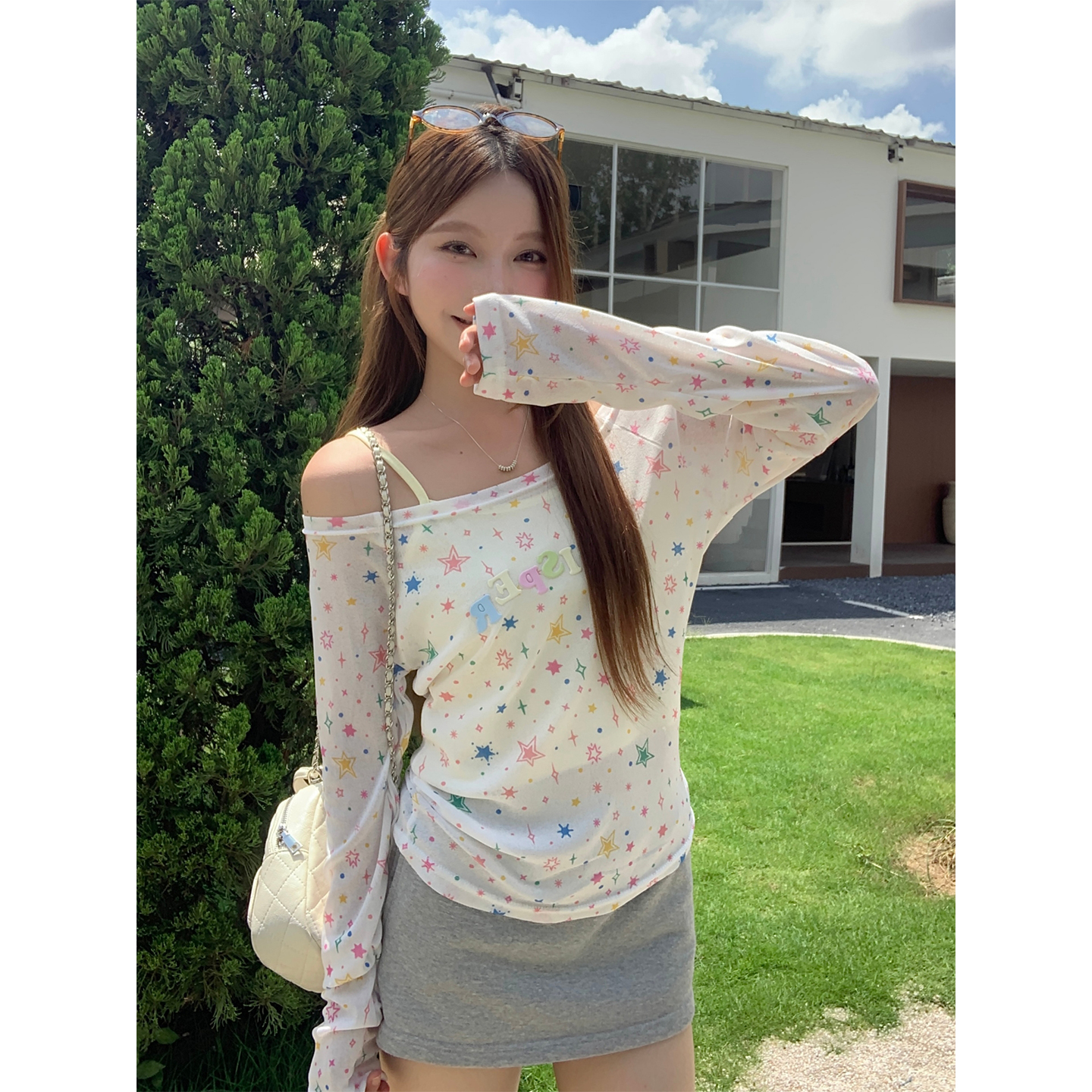 Women's Summer Two-Piece Long Sleeve Sun Protection Top with Star Print - Image 5