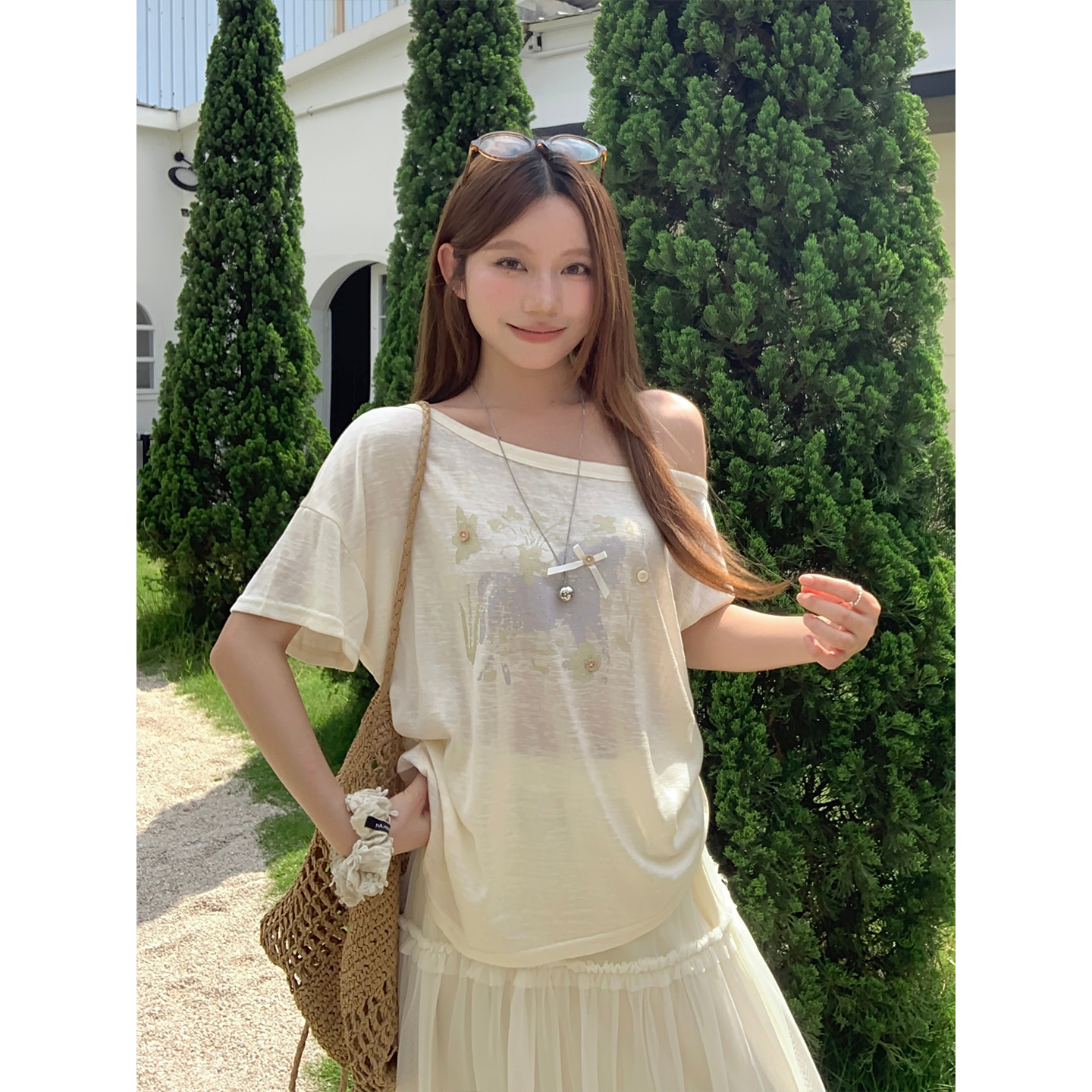 Women's Off-Shoulder Graphic Print Short Sleeve T-Shirt Summer Loose Fit Top - Image 2