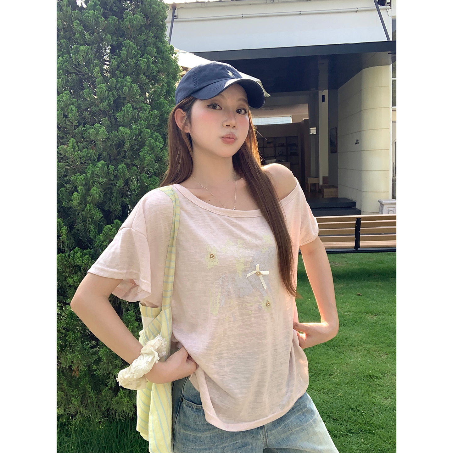 Women's Off-Shoulder Graphic Print Short Sleeve T-Shirt Summer Loose Fit Top - Image 4