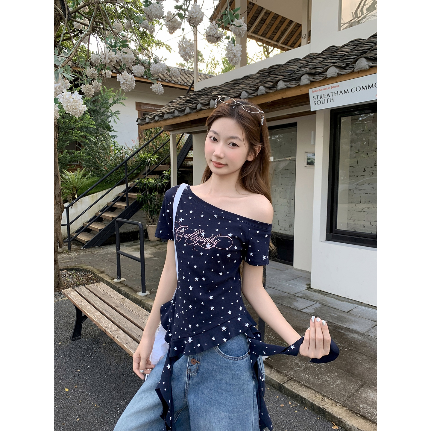 Sexy Slanted Neck Short Sleeve T-Shirt for Women Summer Slim Fit Letter Print Top - Image 3