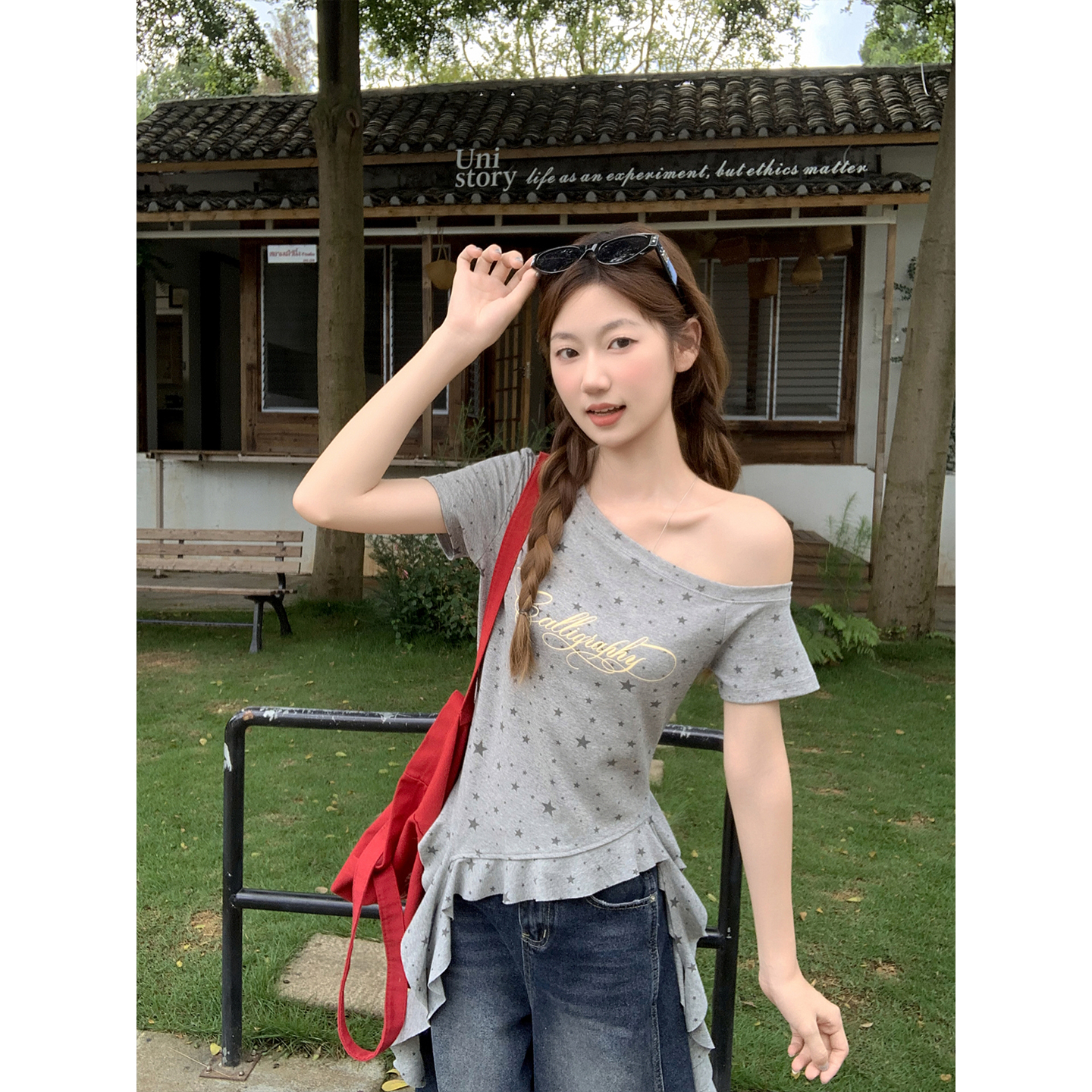 Sexy Slanted Neck Short Sleeve T-Shirt for Women Summer Slim Fit Letter Print Top