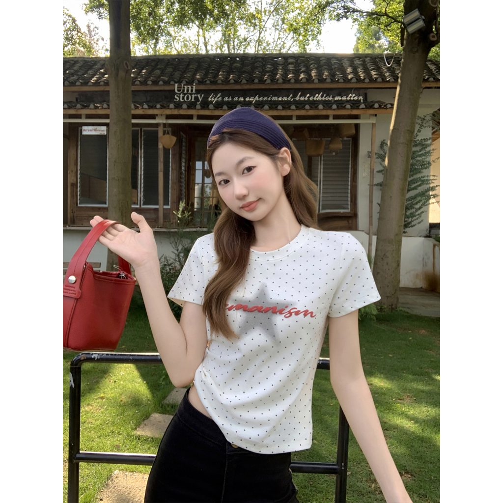 Women's Polka Dot Star Print Crew Neck Slim Fit T-Shirt Summer Korean Style