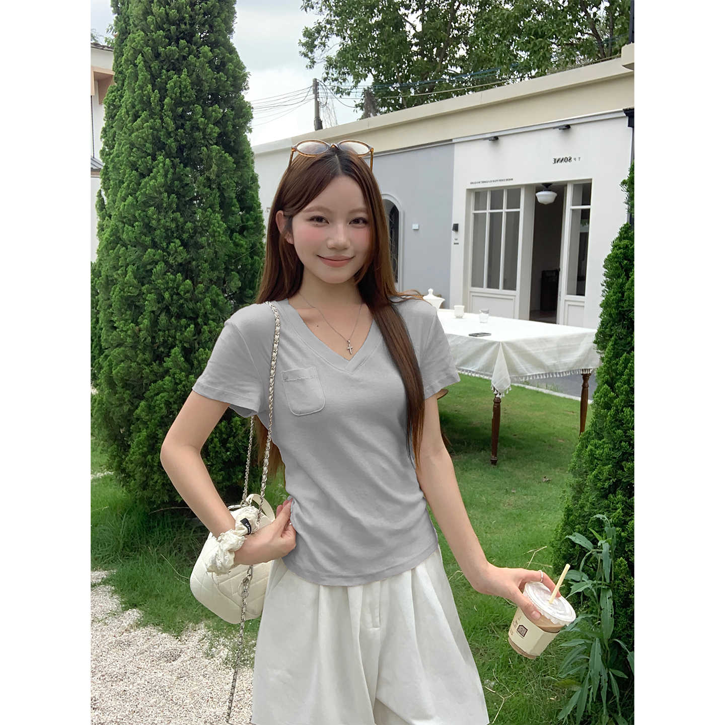 Korean V-Neck Short Sleeve T-Shirt for Women Summer New Slim Fit Top - Image 5