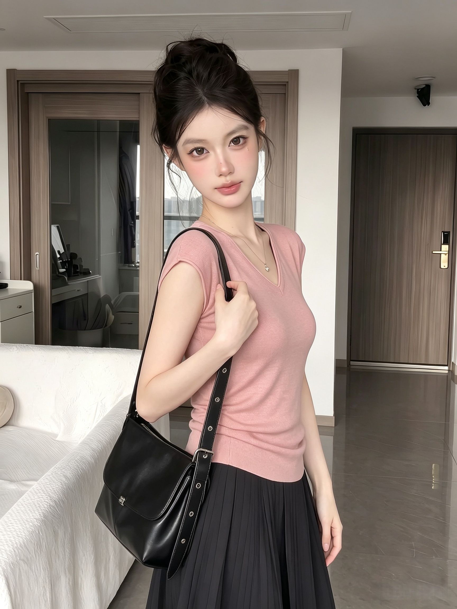 Korean Style Pink V-Neck Knit Short Sleeve T-Shirt for Women Summer Slim Fit Top - Image 4