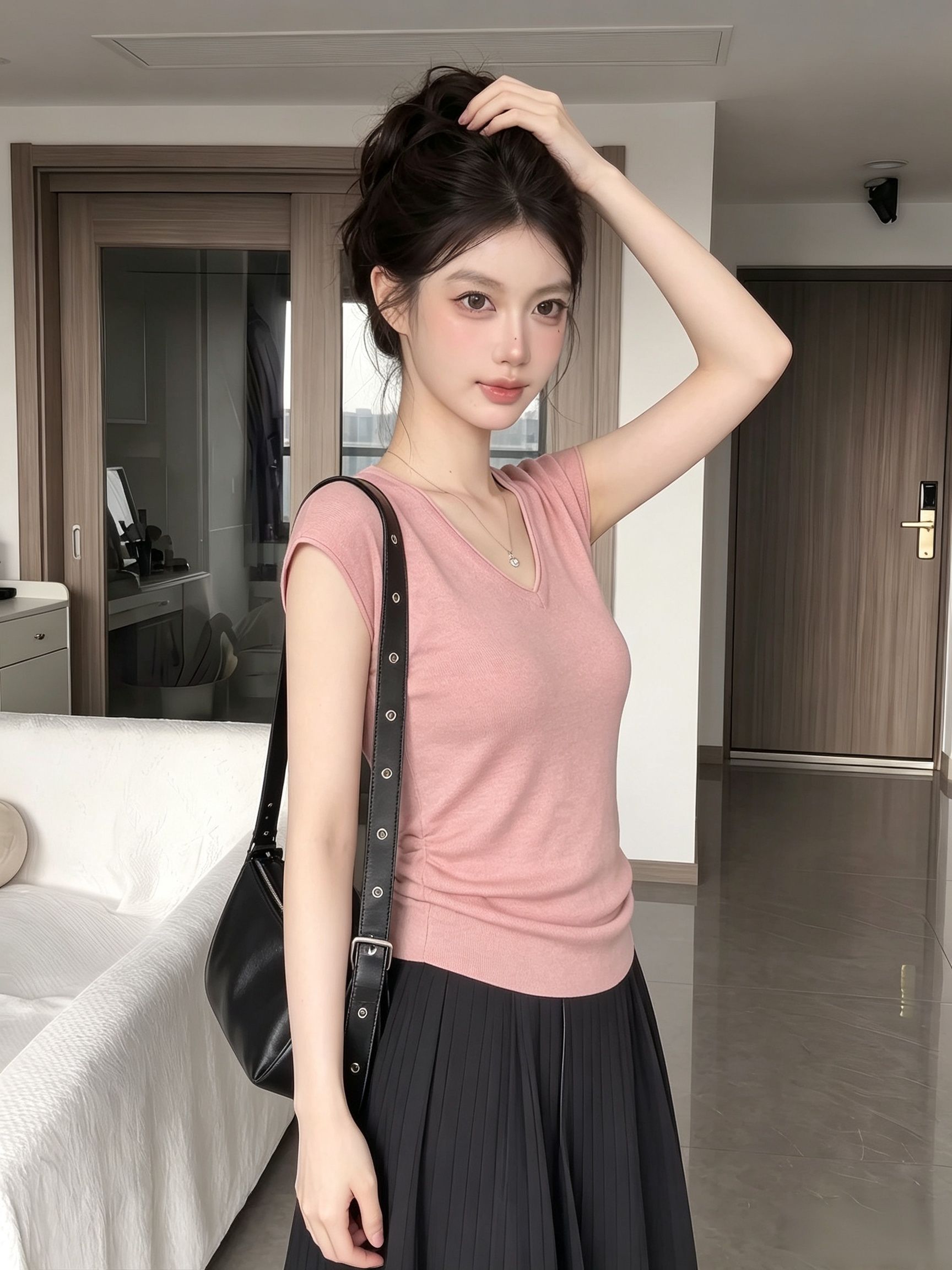 Korean Style Pink V-Neck Knit Short Sleeve T-Shirt for Women Summer Slim Fit Top - Image 2