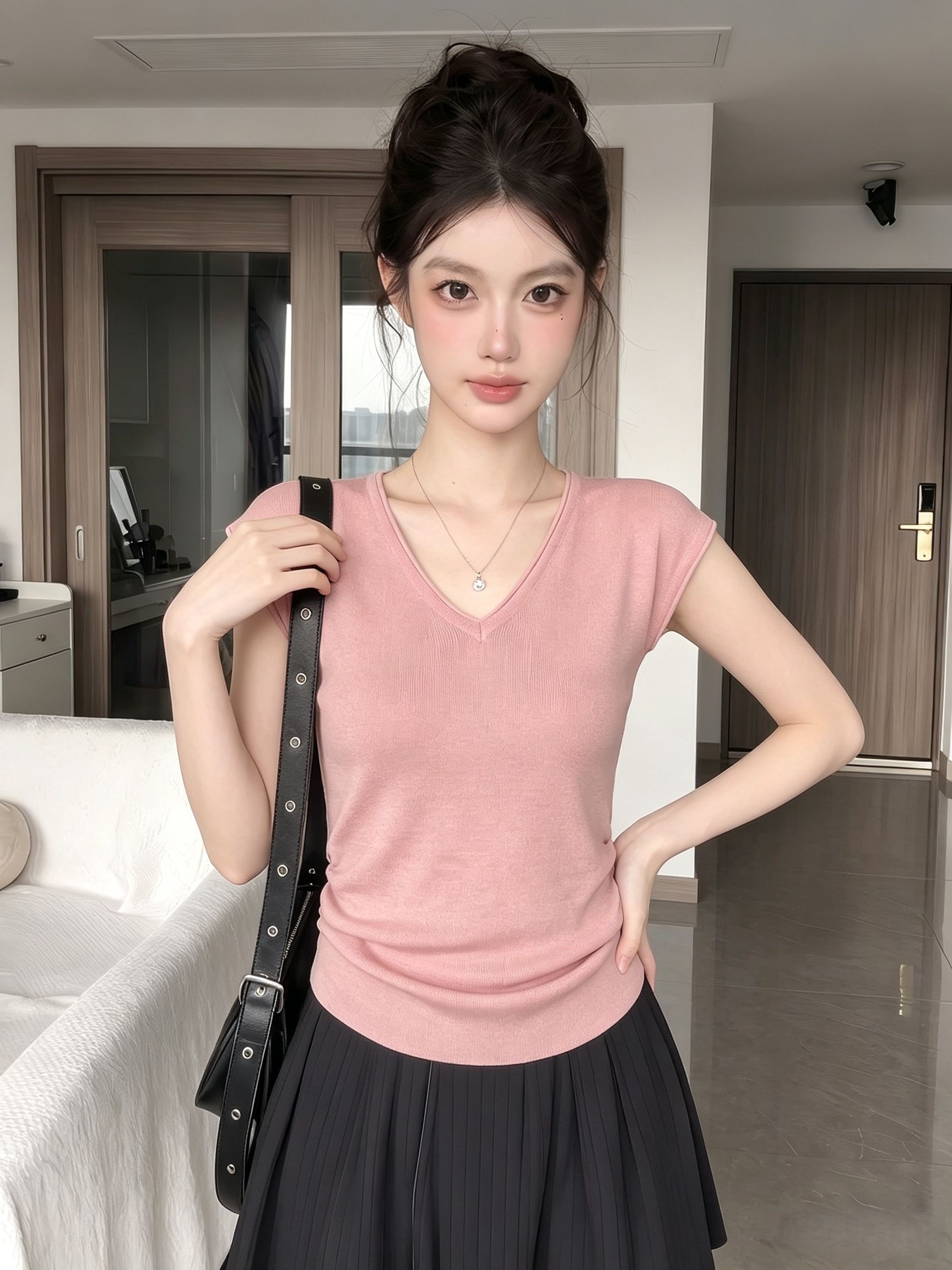 Korean Style Pink V-Neck Knit Short Sleeve T-Shirt for Women Summer Slim Fit Top - Image 3