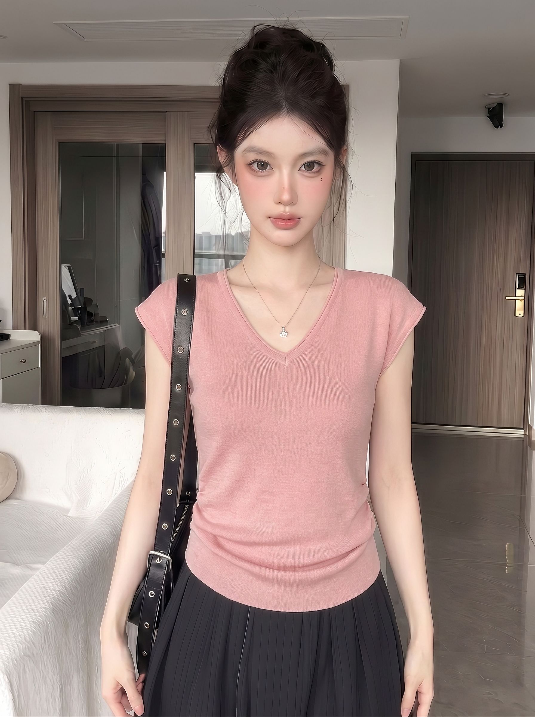 Korean Style Pink V-Neck Knit Short Sleeve T-Shirt for Women Summer Slim Fit Top