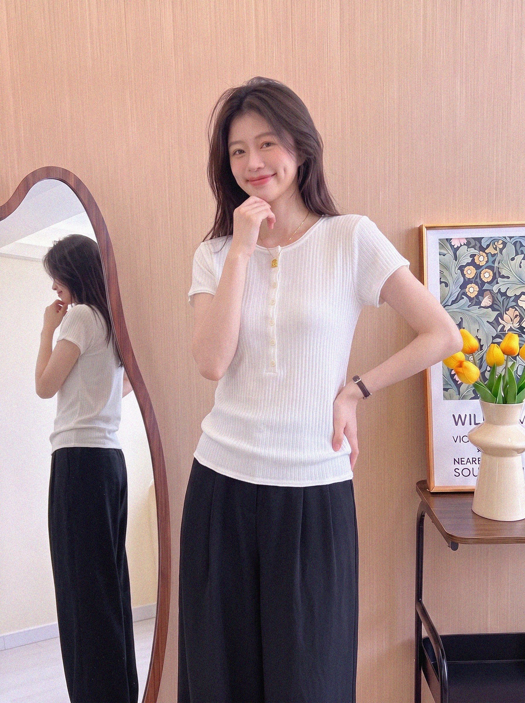 Korean Style White Ribbed Half-Open Neck Short Sleeve Knit T-Shirt for Women Summer Slimming Thin Elegant Top - Image 2