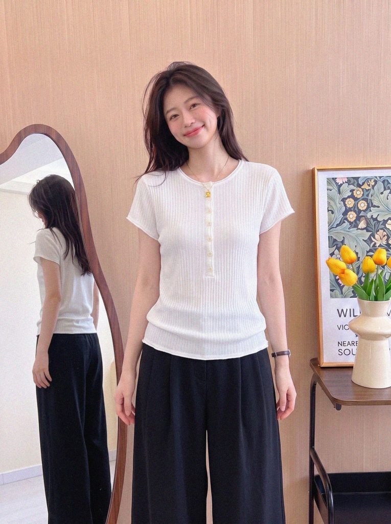 Korean Style White Ribbed Half-Open Neck Short Sleeve Knit T-Shirt for Women Summer Slimming Thin Elegant Top
