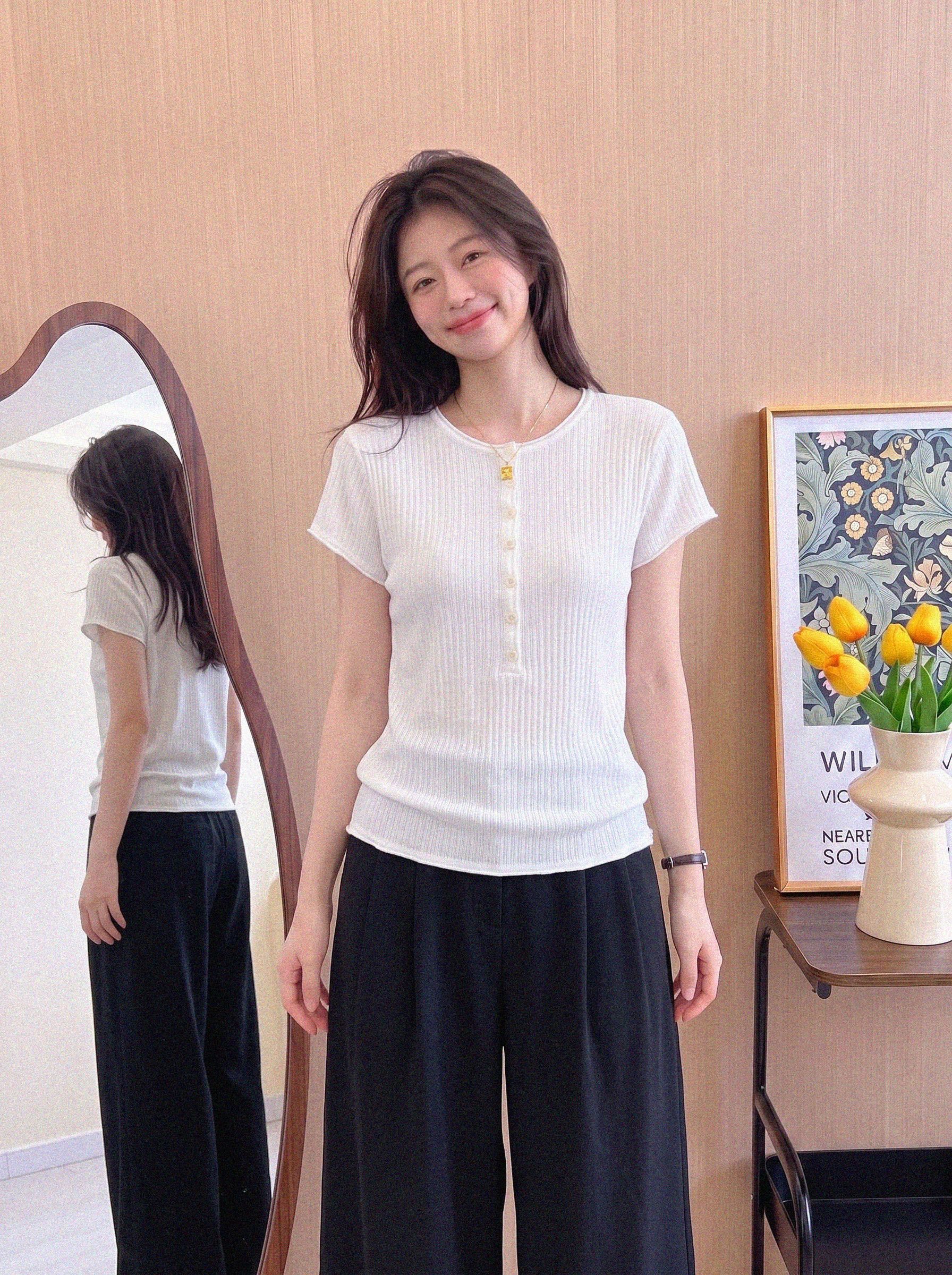 Korean Style White Ribbed Half-Open Neck Short Sleeve Knit T-Shirt for Women Summer Slimming Thin Elegant Top