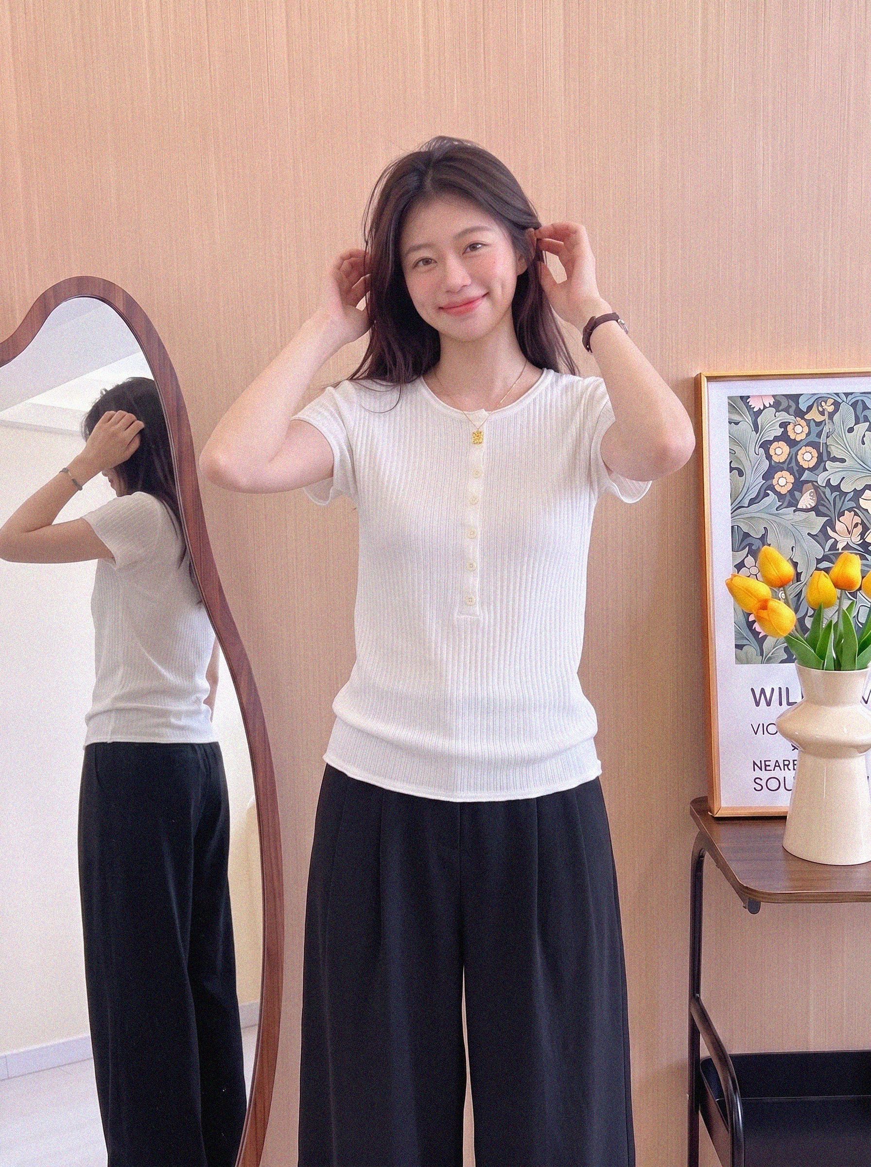 Korean Style White Ribbed Half-Open Neck Short Sleeve Knit T-Shirt for Women Summer Slimming Thin Elegant Top - Image 3