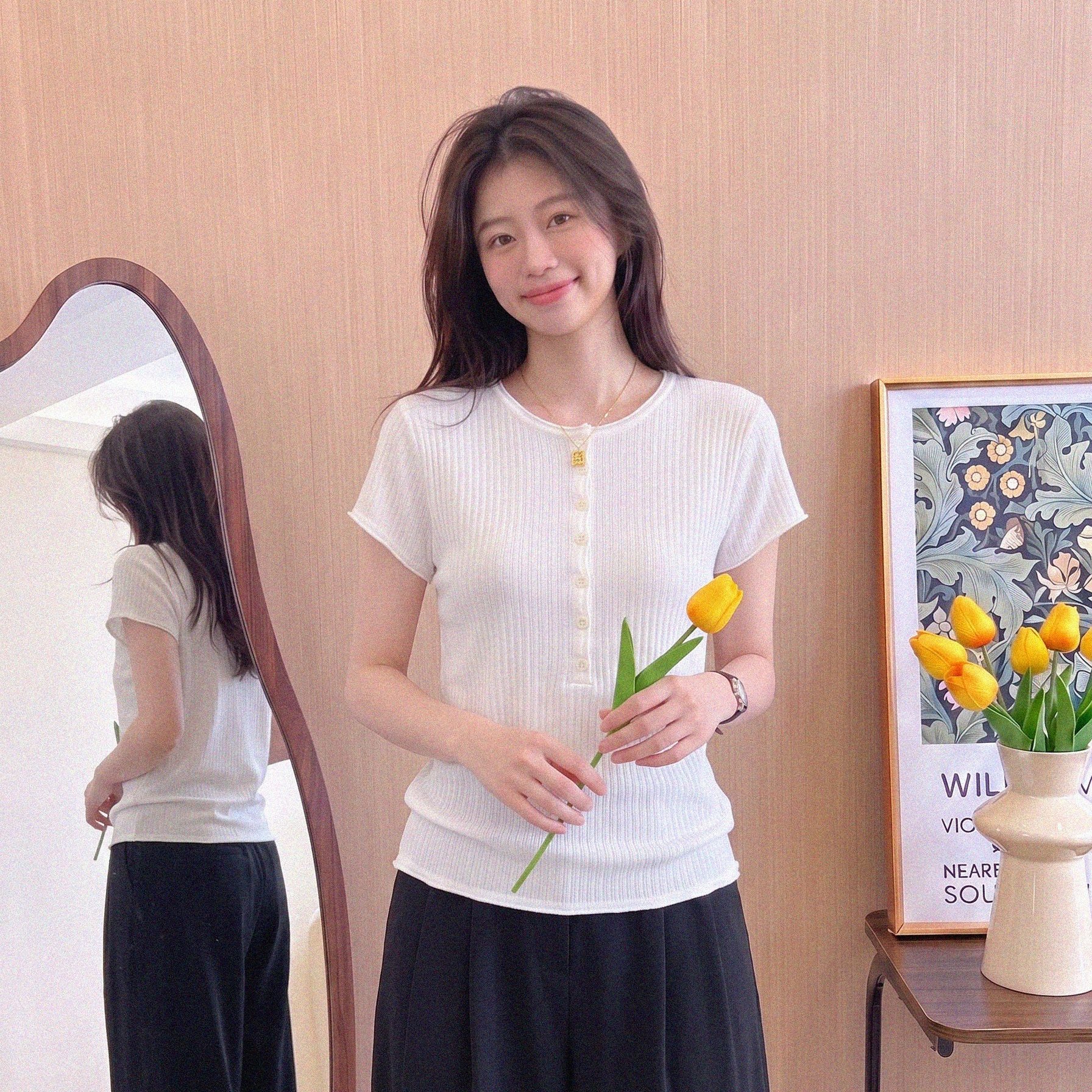 Korean Style White Ribbed Half-Open Neck Short Sleeve Knit T-Shirt for Women Summer Slimming Thin Elegant Top - Image 5