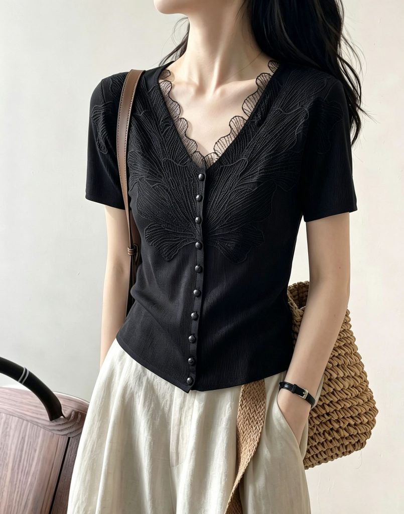 Women's V-Neck Short Sleeve Knit T-Shirt with Lace Trim 2026 Summer