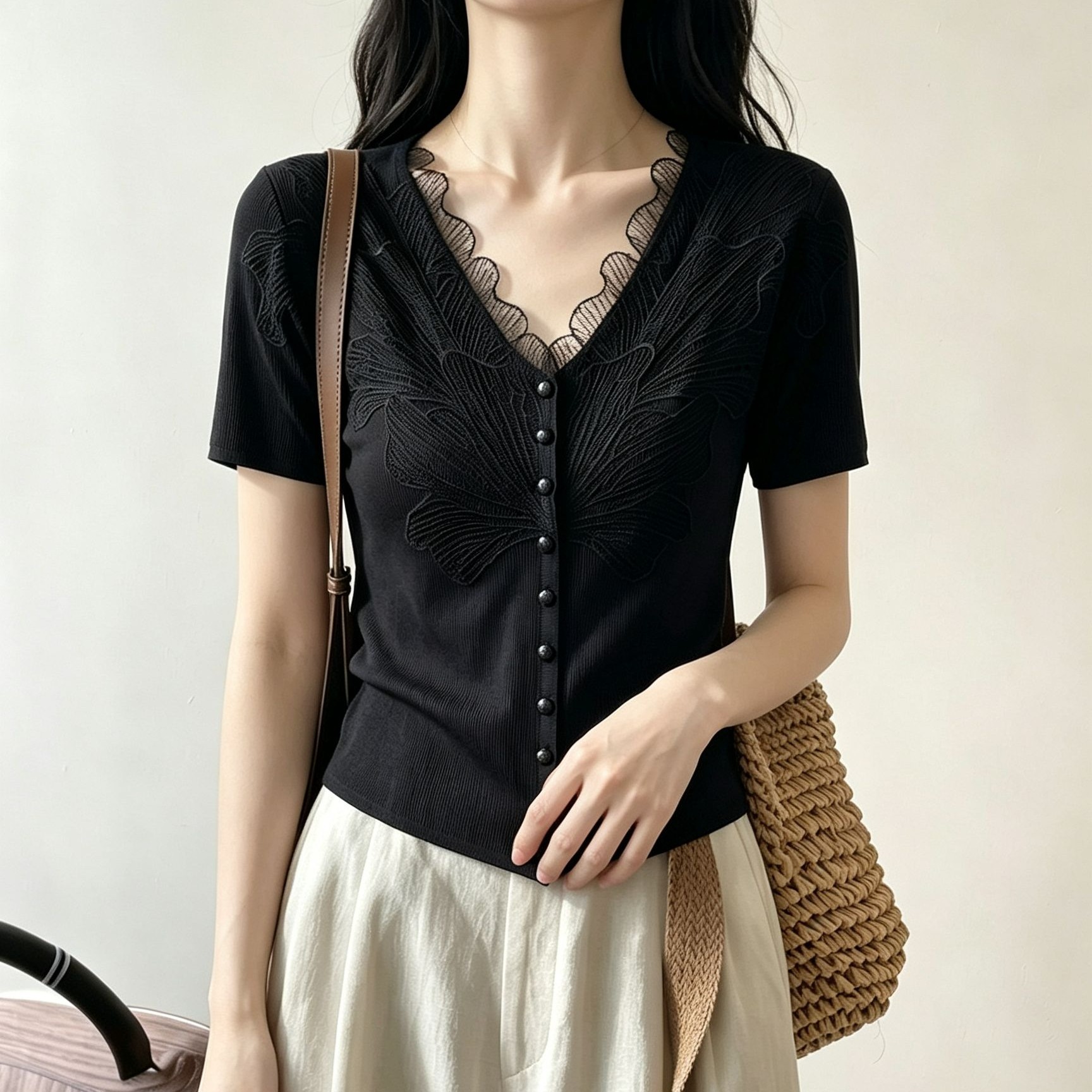 Women's V-Neck Short Sleeve Knit T-Shirt with Lace Trim 2026 Summer - Image 5