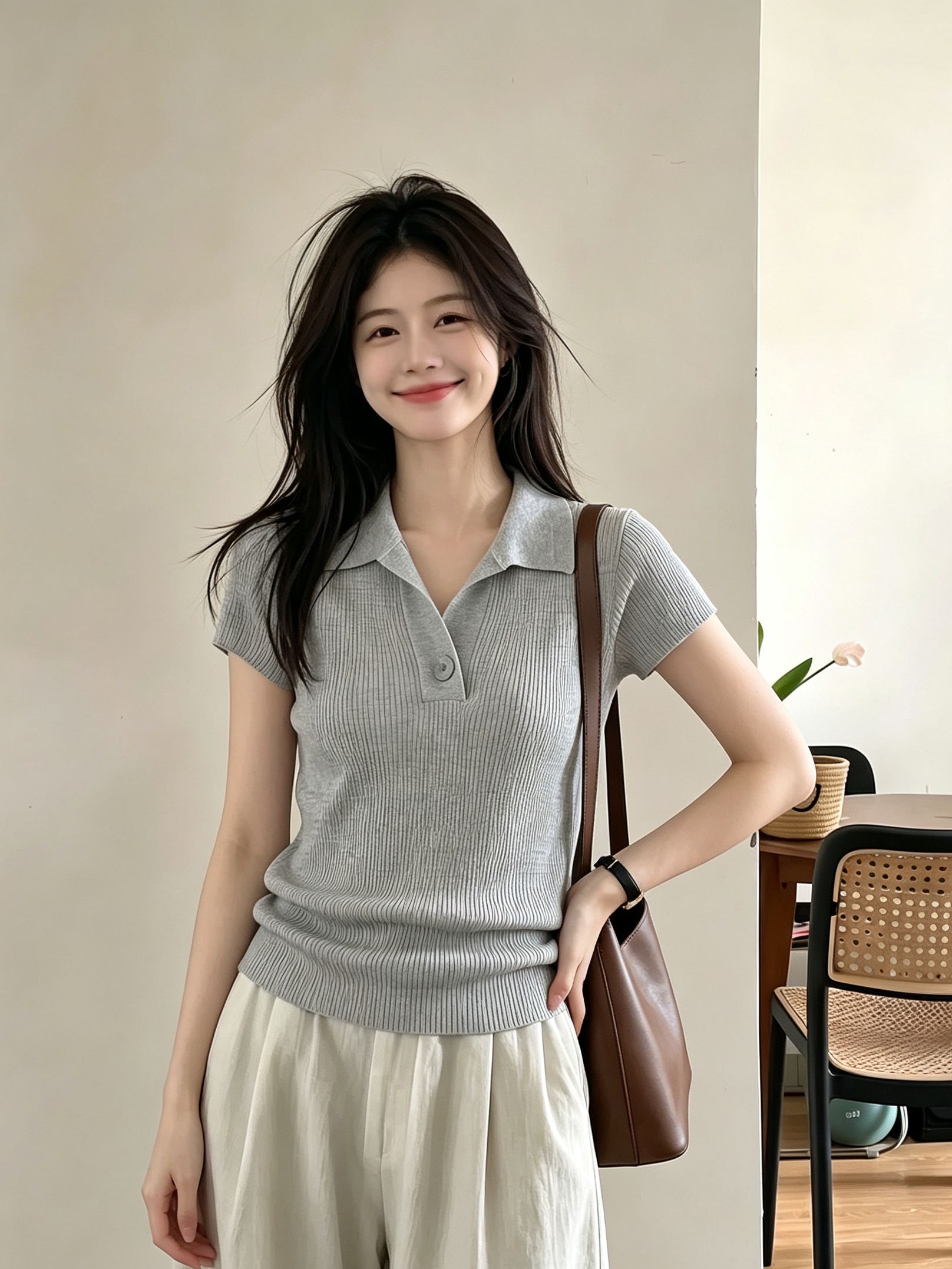 2026 Summer New Lapel Knit Short Sleeve Top with V-Neck Single Button Slimming Cropped Design - Image 2