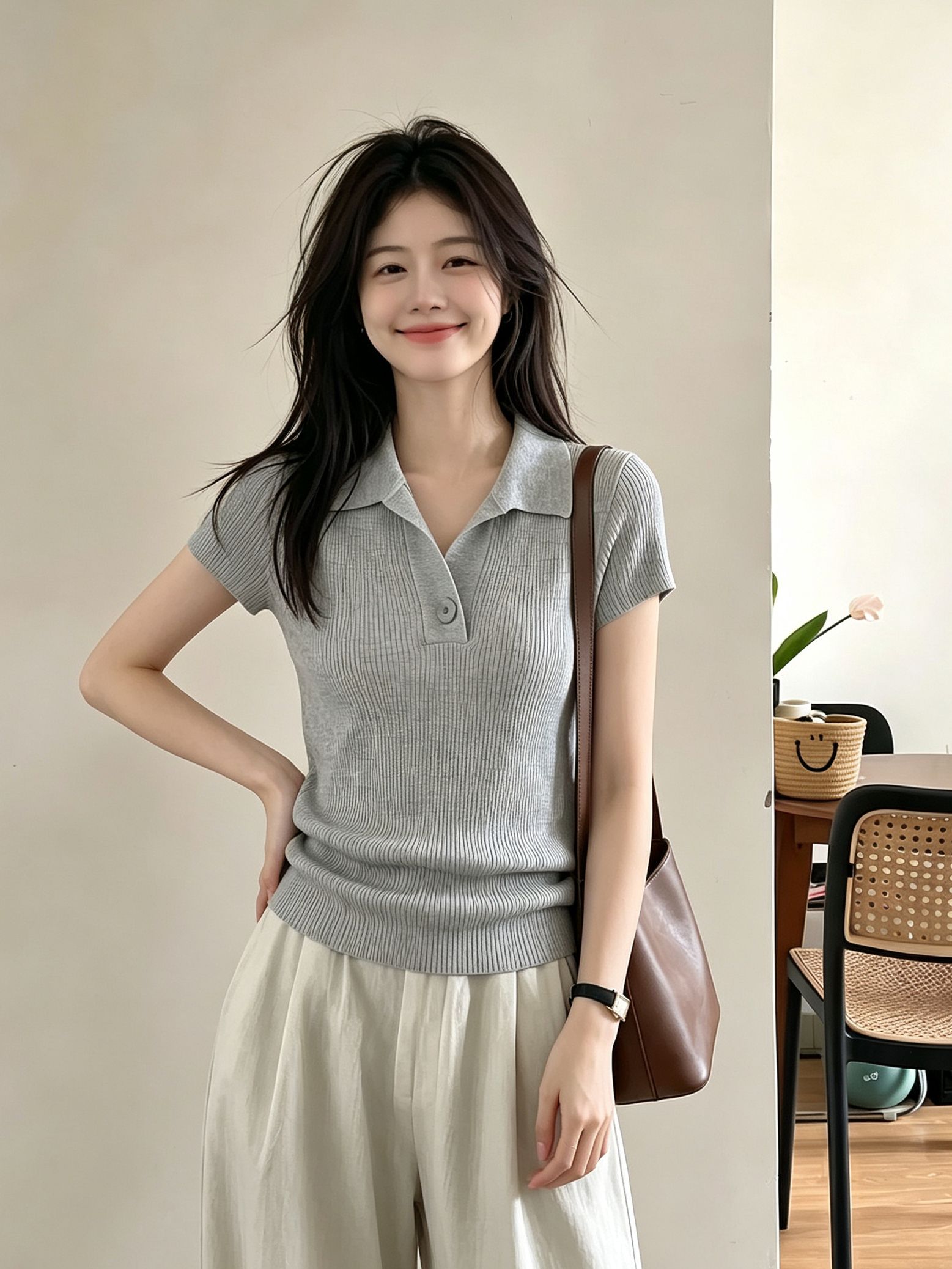 2026 Summer New Lapel Knit Short Sleeve Top with V-Neck Single Button Slimming Cropped Design - Image 3