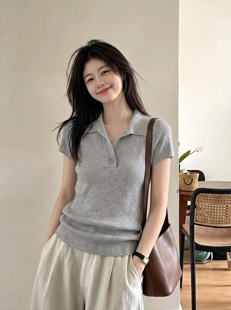 2026 Summer New Lapel Knit Short Sleeve Top with V-Neck Single Button Slimming Cropped Design